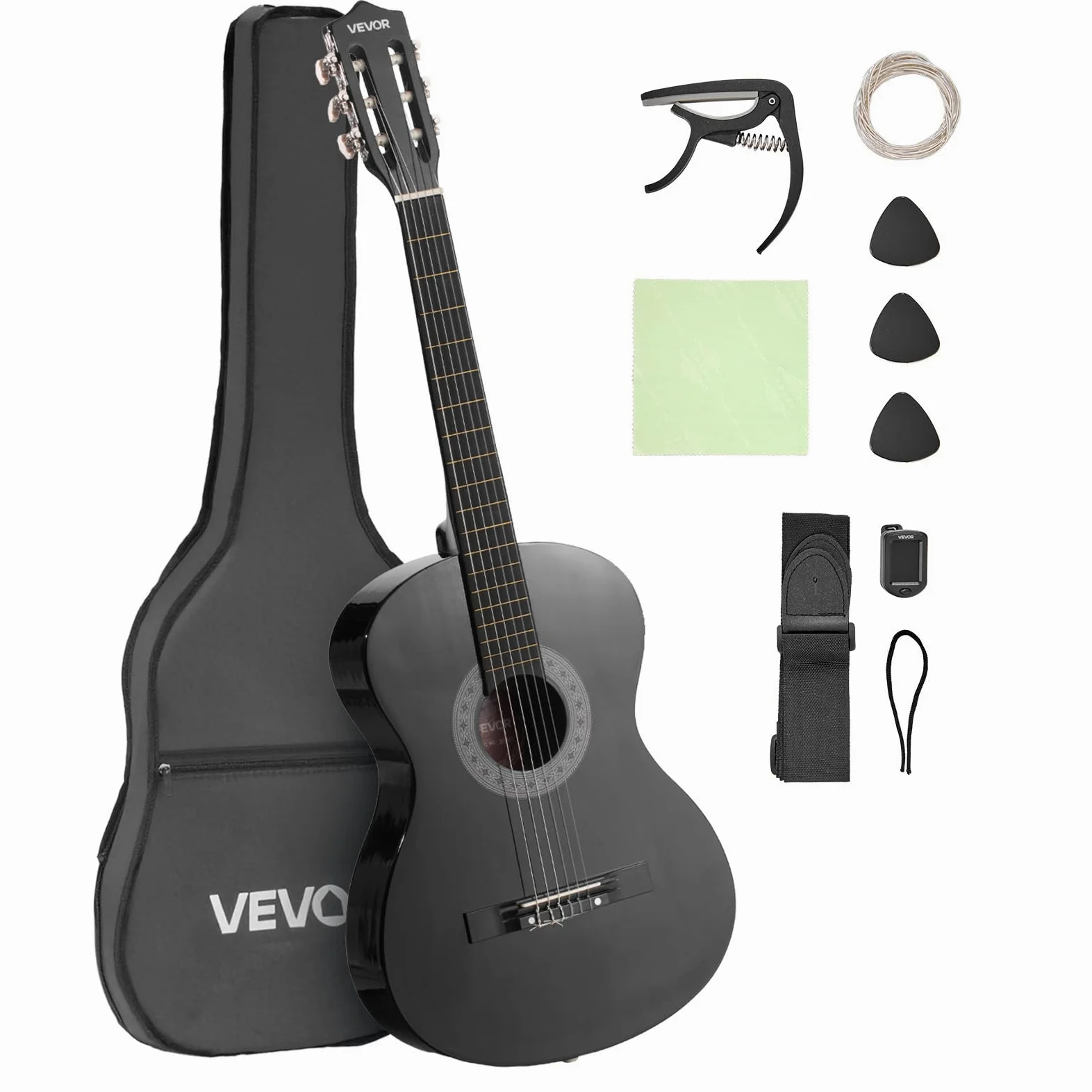 VEVOR Guitare Classique Débutants, 96 cm, avec Cordes Nylon, Housse de Transport, Sangle, Accordeur, Cordes Supplémentaires, Médiators, Capodastre, en Tilleul, pour Adolescent, Adulte, Étudiant, Noir