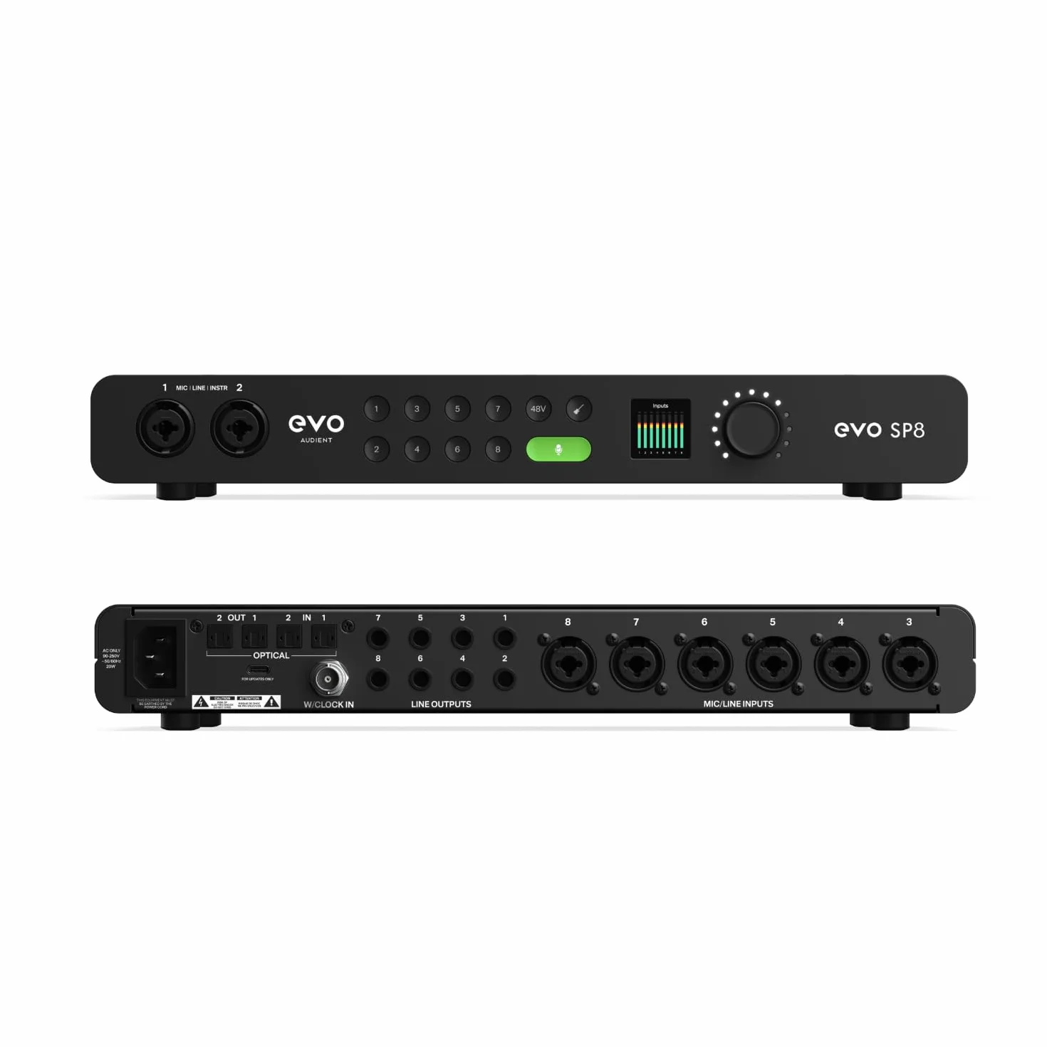 Audient EVO SP8, Studio-Preamp-Expander, Huit préamplis EVO, 8 x préamplis micro EVO avec Smartgain, 8 x sorties ligne, préampli micro, 58dB Mic Gain, convertisseur AD/DA 32 bits, noir