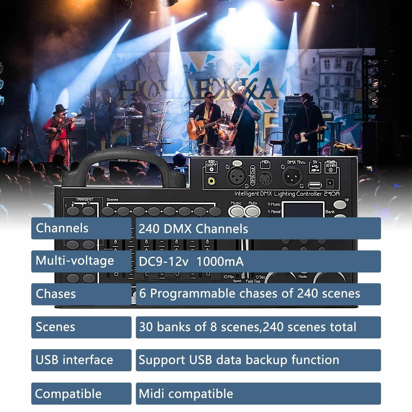 Console d'éclairage DMX, contrôleur DMX 512 à 240 canaux pour lumières DJ, équipée d'une fonction de sauvegarde de données USB Noir