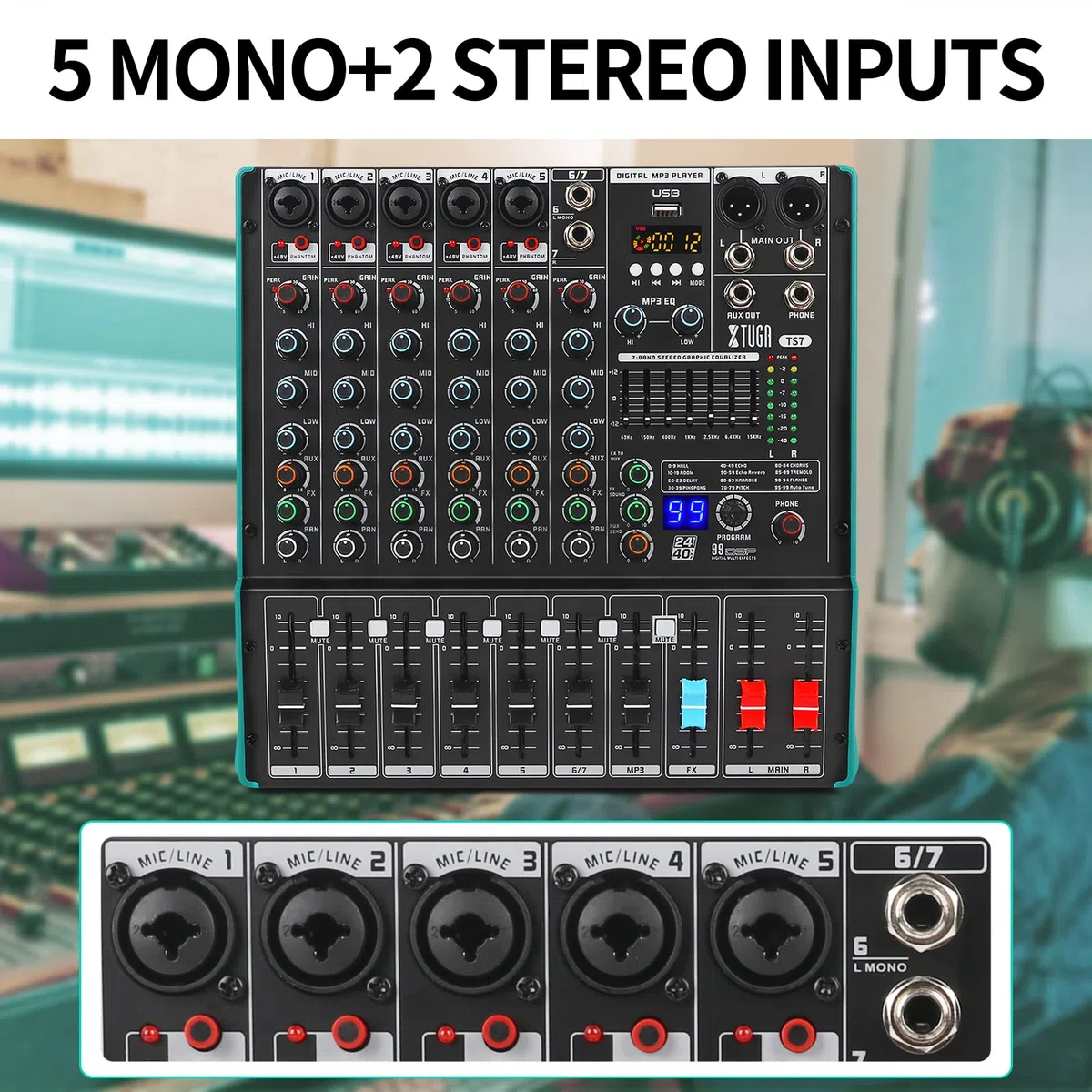 XTUGA Table de Mixage Mixeur Audio 7 Pistes, 99 Effets DSP, Alimentation Fantôme 48V Indépendante et Bouton Mute, Bluetooth, Interface USB d'enregistrement Pour Studio DJ Scène (TS7)