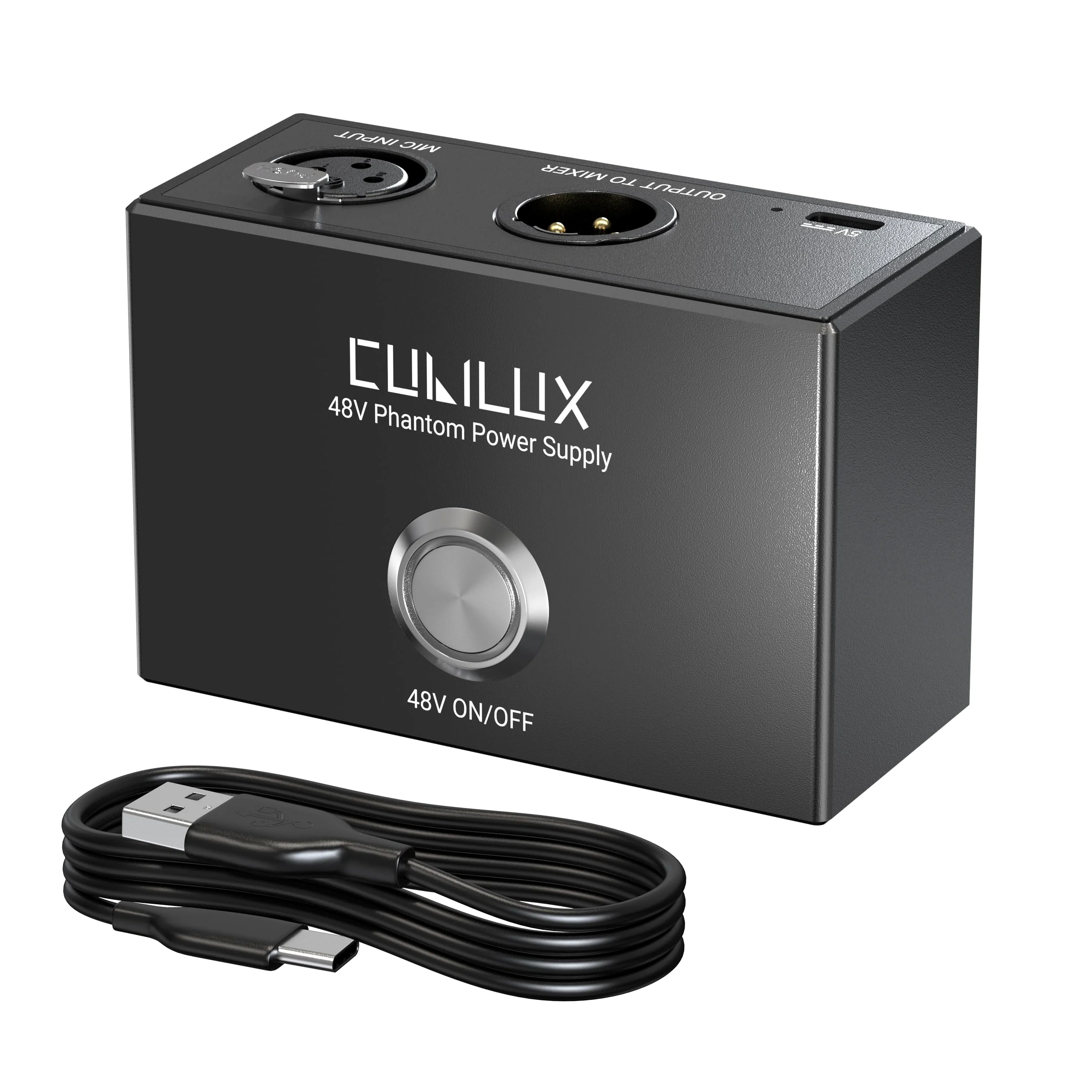 Cubilux MPX-1 Alimentation fantôme 48 V avec câble USB C - Alimentation portable en aluminium avec entrée et sortie XLR et fixation Arri 1/4" pour microphones à condensateur