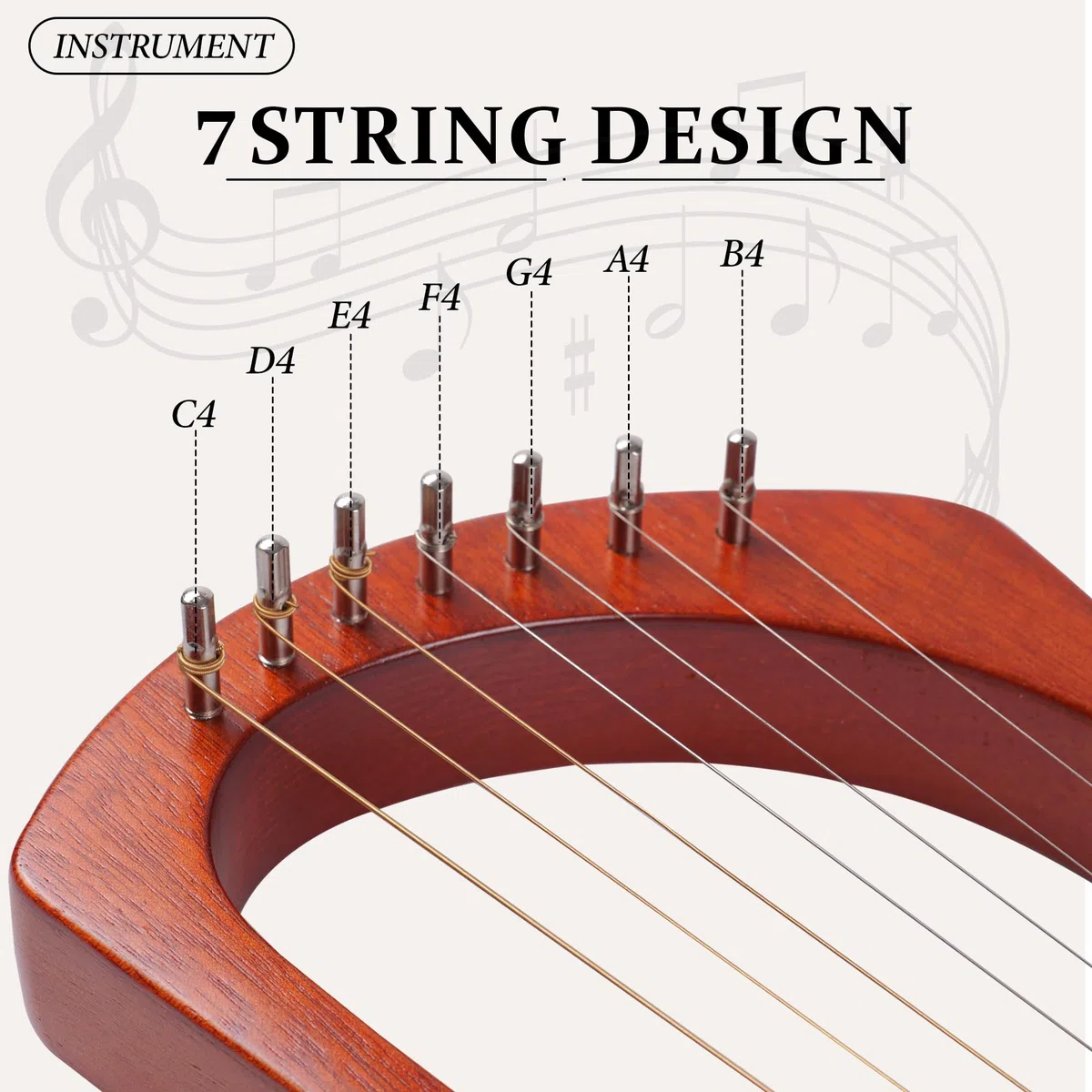 Mulucky Lyre Harp 7 cordes en métal en acier avec selle en os en acajou, Instrument lyre avec accordeur et sac de transport noir - MLH701