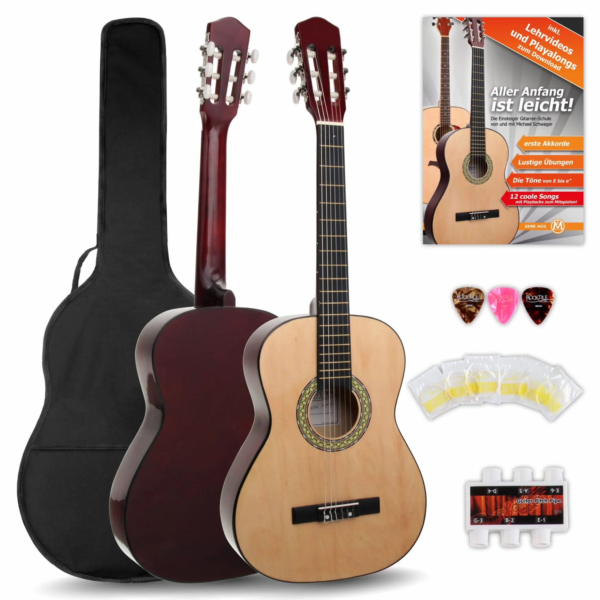 Classic Cantabile AS-851 Pack Guitare Classique 3/4 Nature - Cordes en Nylon d'étude - Guitare de concert idéale pour débutants, enfants - Avec accessoires