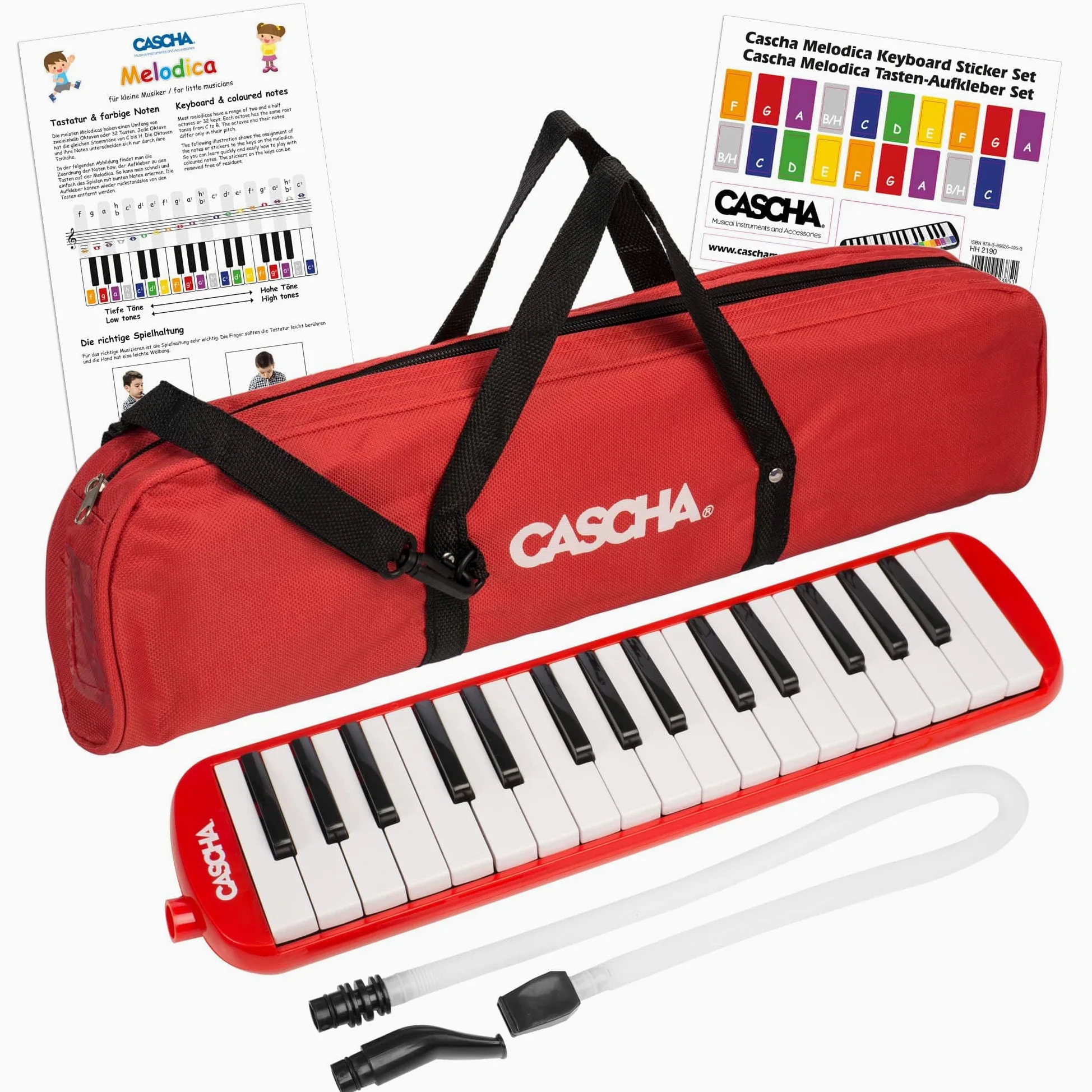 CASCHA Mélodica avec Étui et Embouchure, Instrument pour Enfants et Débutants, Rouge HH 2059