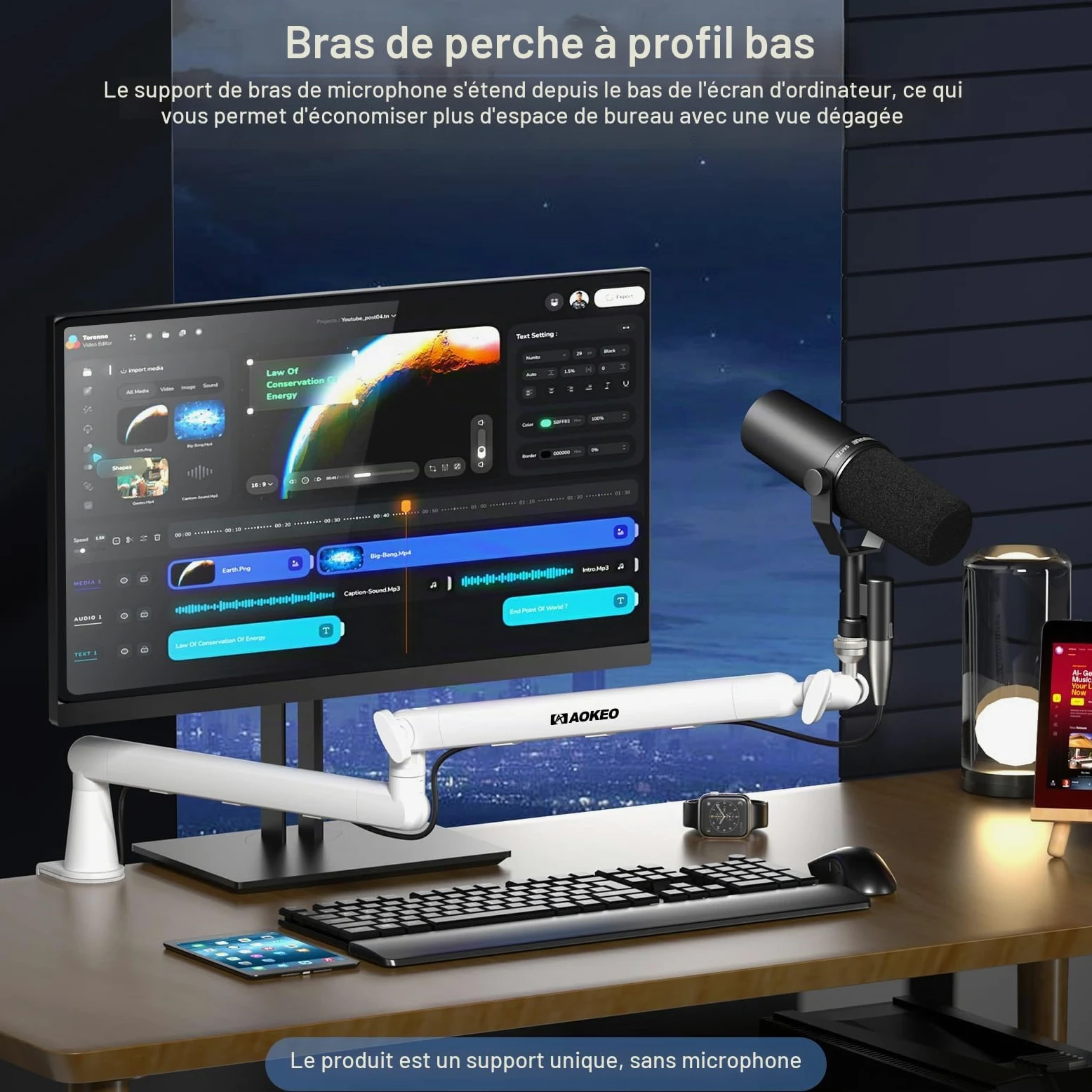 Aokeo AK-55 Bras de microphone réglable pour bureau - Convient pour Blue Yeti, Snowball iCE, HyperX QuadCast, SoloCast, Elgato Wave, etc