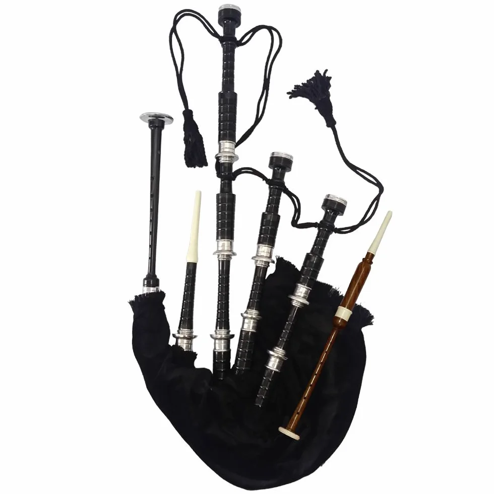 Cornemuse écossaise en palissandre, monture argentée, finition noire, avec accessoires Full Size 40 x 20 Black, Black Velvet