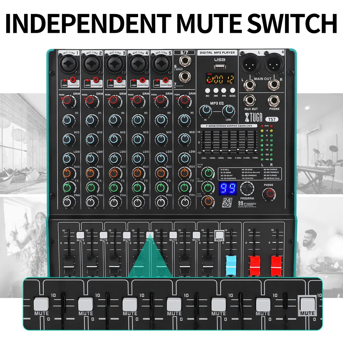 XTUGA Table de Mixage Mixeur Audio 7 Pistes, 99 Effets DSP, Alimentation Fantôme 48V Indépendante et Bouton Mute, Bluetooth, Interface USB d'enregistrement Pour Studio DJ Scène (TS7)