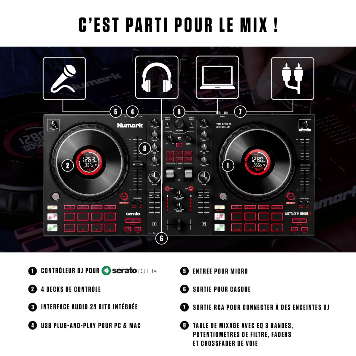 Numark Mixtrack Platinum FX - Contrôleur DJ 4 decks, table de mixage, carte son intégrée, platines DJ tactiles avec écran et large palette d'effets