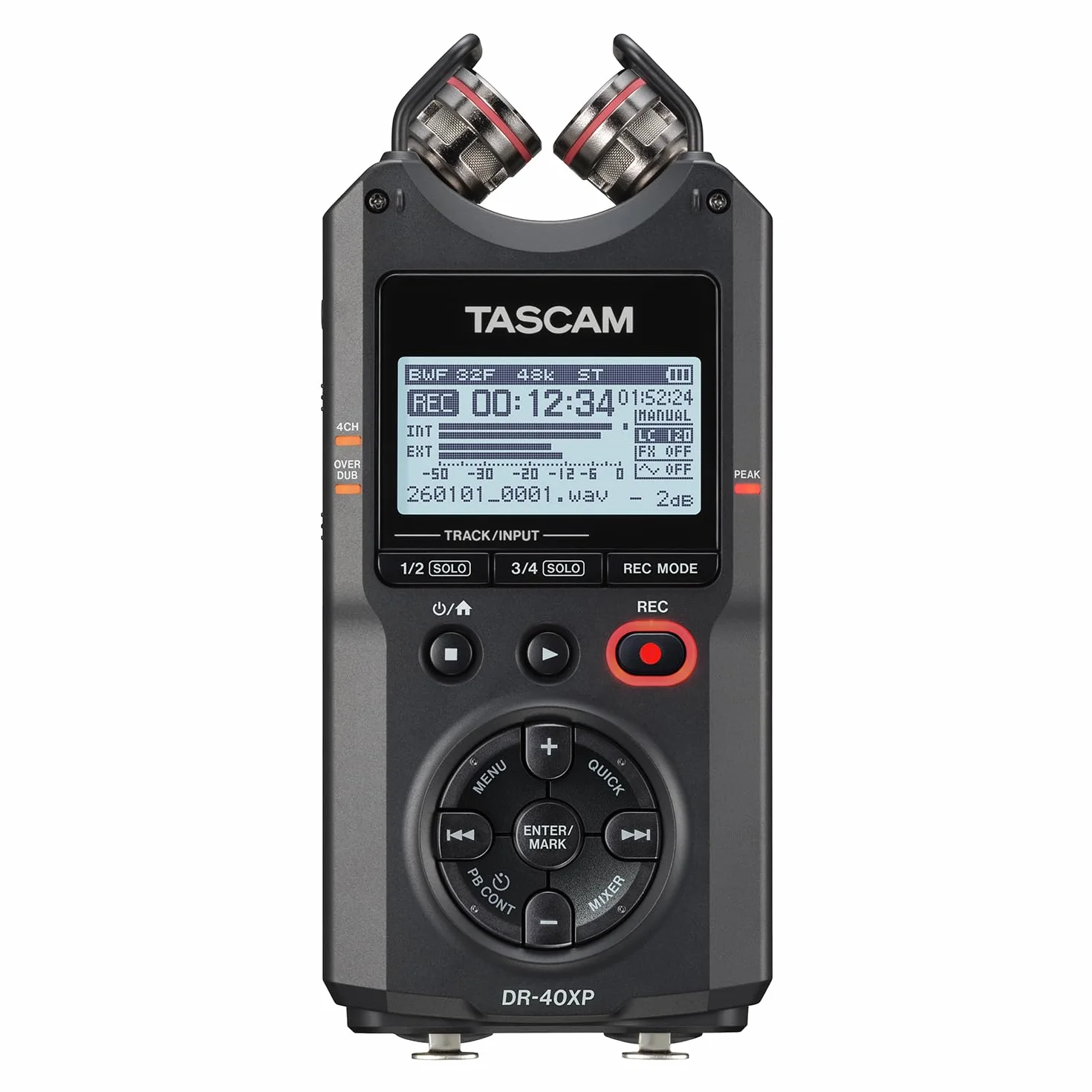 TASCAM DR-40XP Enregistreur de terrain portable 4 canaux 32 bits virgule flottante et interface audio USB-C — avec 2 entrées XLR/TRS et microphones réglables pour la musique, l'audio pour la vidéo et