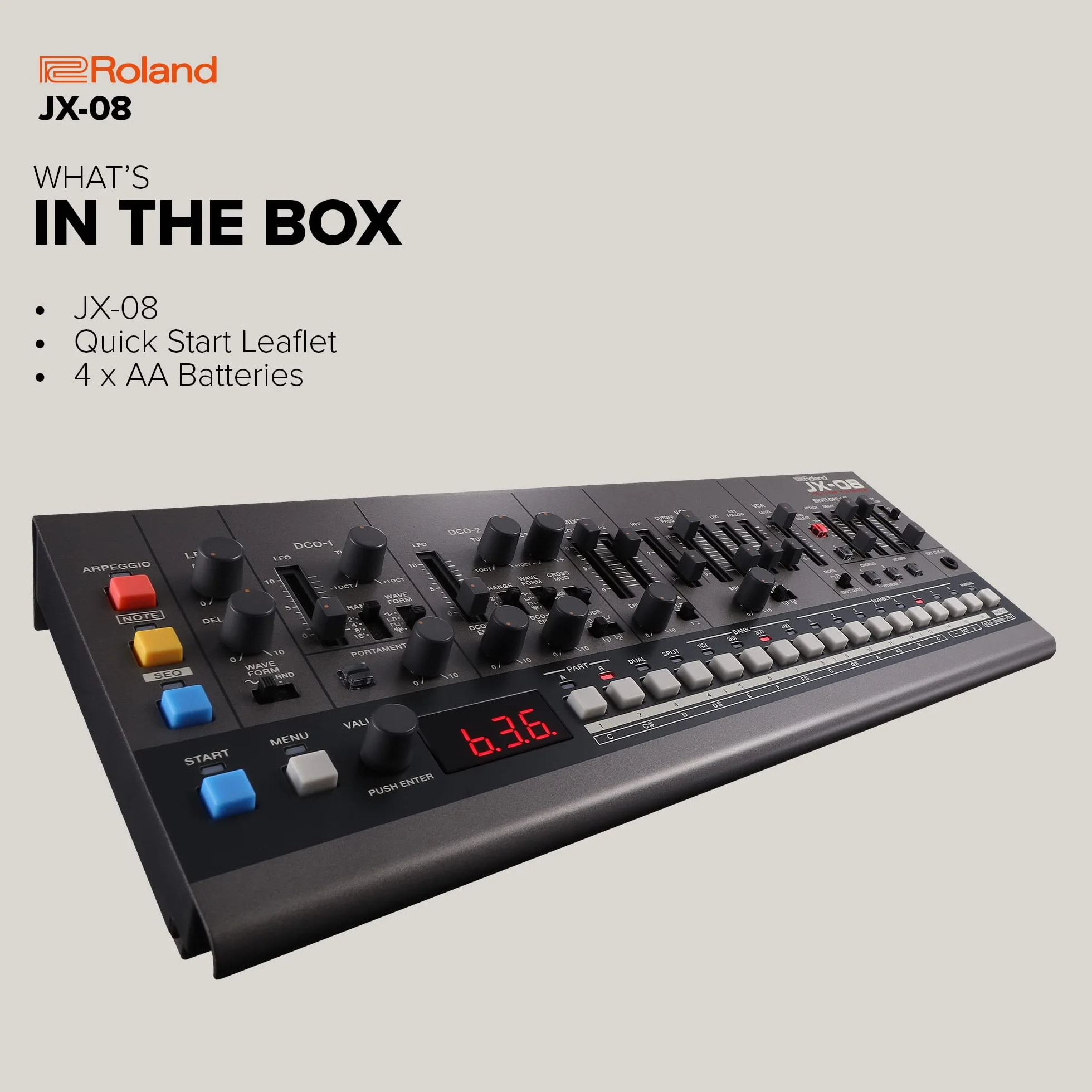 Module de sons de synthétiseur Roland Boutique JX-08 - Une version moderne et compacte du légendaire JX-8P Roland de 1985, avec de nouveaux effets et un séquenceur polyphonique - Léger, portable