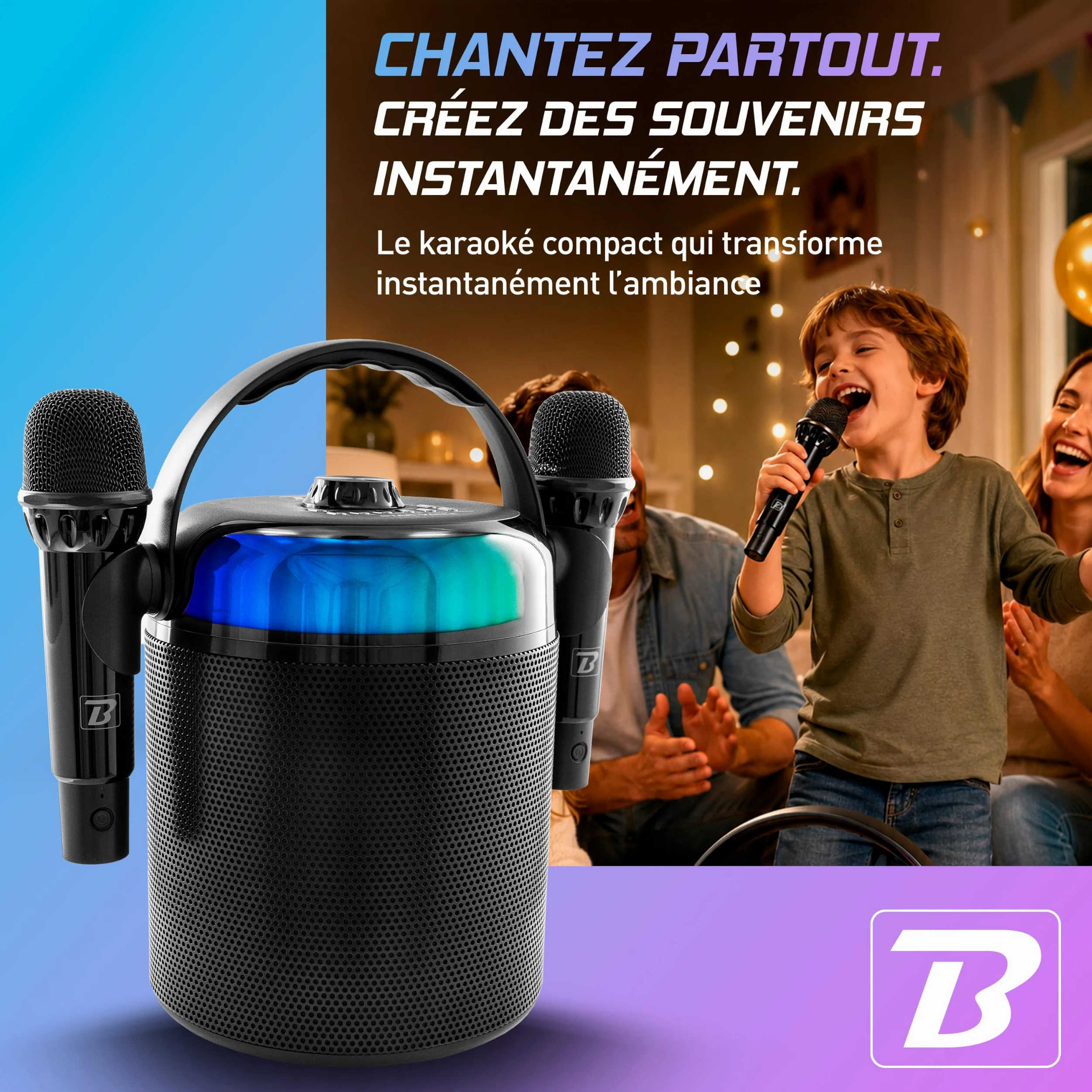BoomTone DJ Star Voice – Enceinte Karaoké Bluetooth Portable avec 2 Micros sans Fil, LEDs RGB et Changeur de Voix, Karaoké Enfant & Adulte pour Soirées et Anniversaires