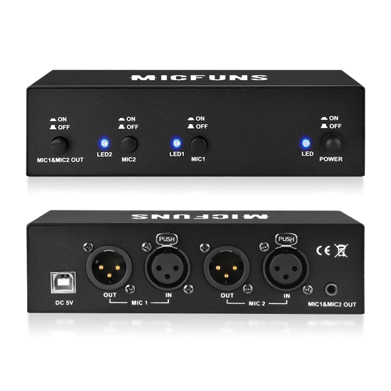 MC2 Alimentation fantôme 2 canaux 48 V avec câble audio 3,5 mm pour connecter une interface audio pour microphones à condensateur et appareils d'enregistrement de musique (2 canaux)