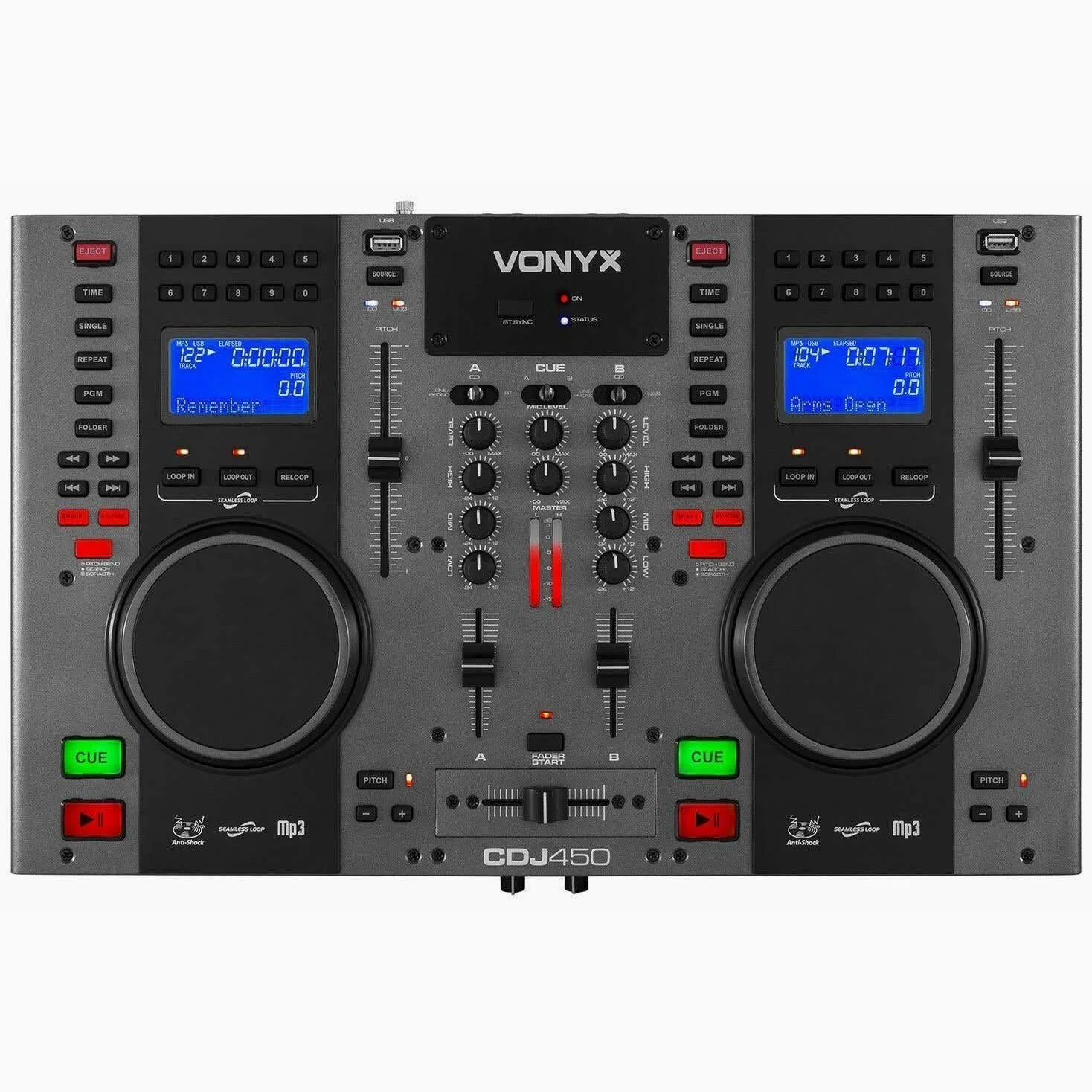 Vonyx CDJ450 - Double Lecteur CD/MP3/USB/Mixeur avec Bluetooth, 2 Canaux, Fonctionnalité Auto-Cue, Molettes Intégrées, Sorties Master et Record, Parfait pour DJ Amateurs ou Professionnels