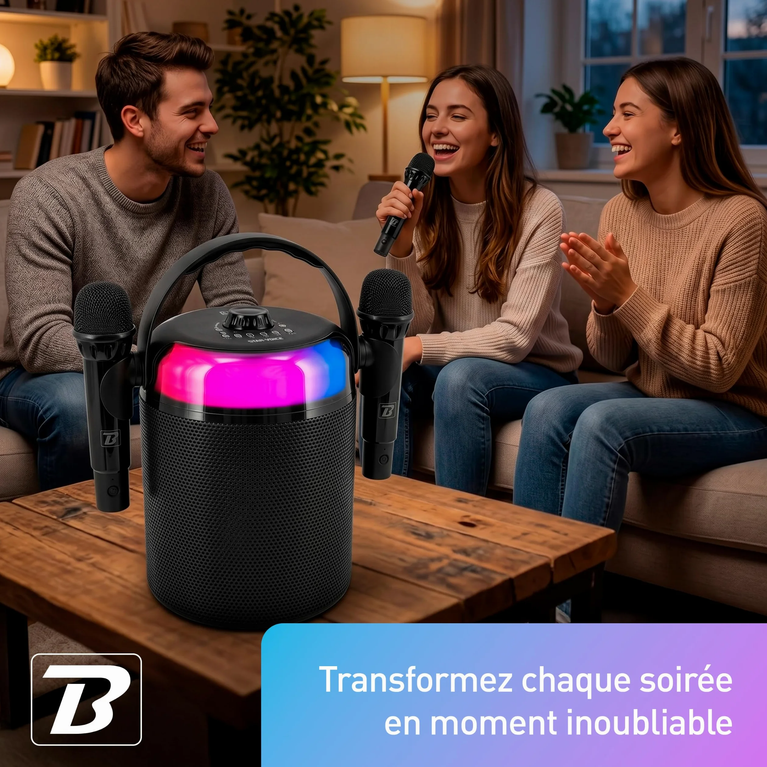 BoomTone DJ Star Voice – Enceinte Karaoké Bluetooth Portable avec 2 Micros sans Fil, LEDs RGB et Changeur de Voix, Karaoké Enfant & Adulte pour Soirées et Anniversaires