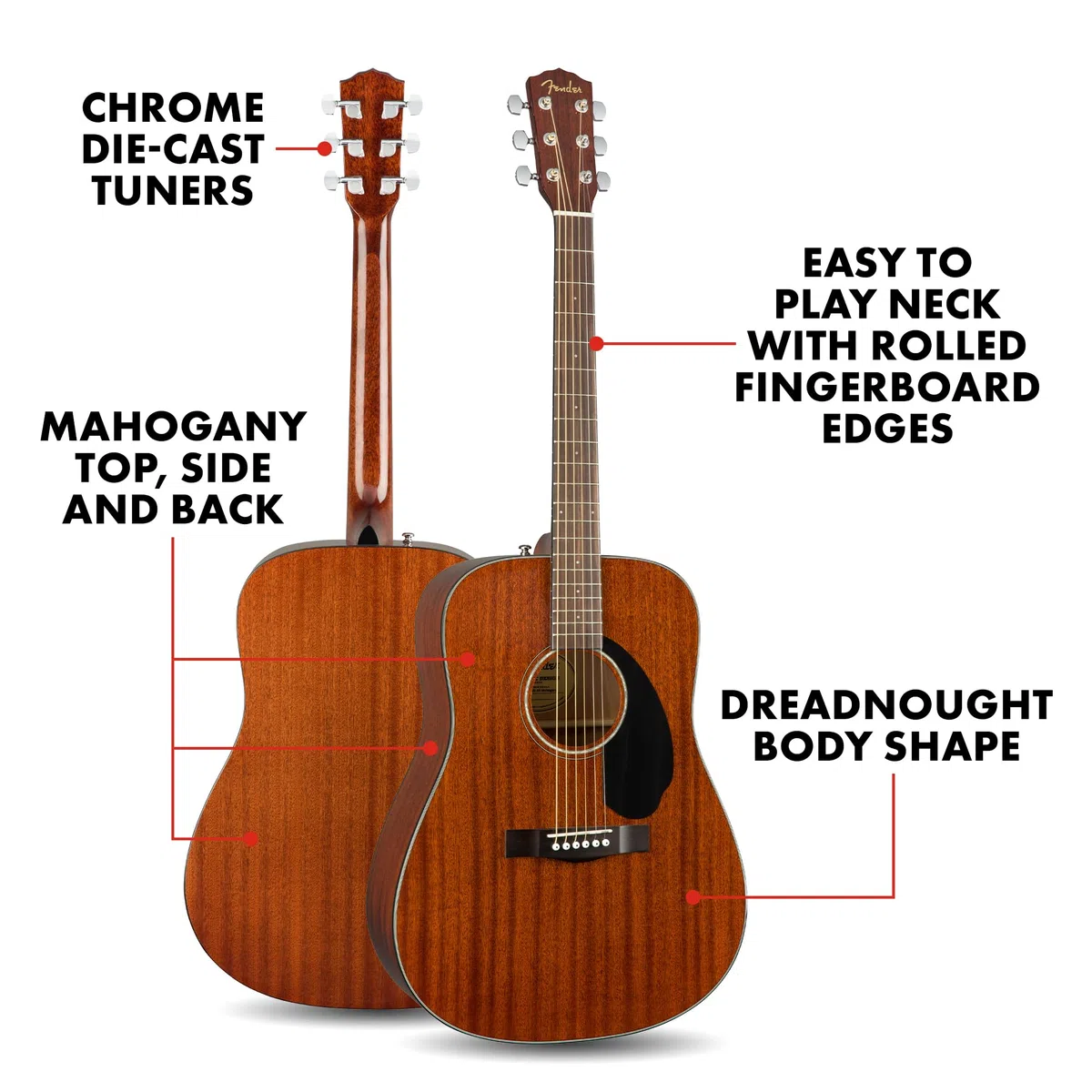 Fender CD-60S Dreadnought Guitare Acoustique, Touche en Noyer, Tout Acajou, Inclus des Cours Virtuels Gratuits sur Fender Play