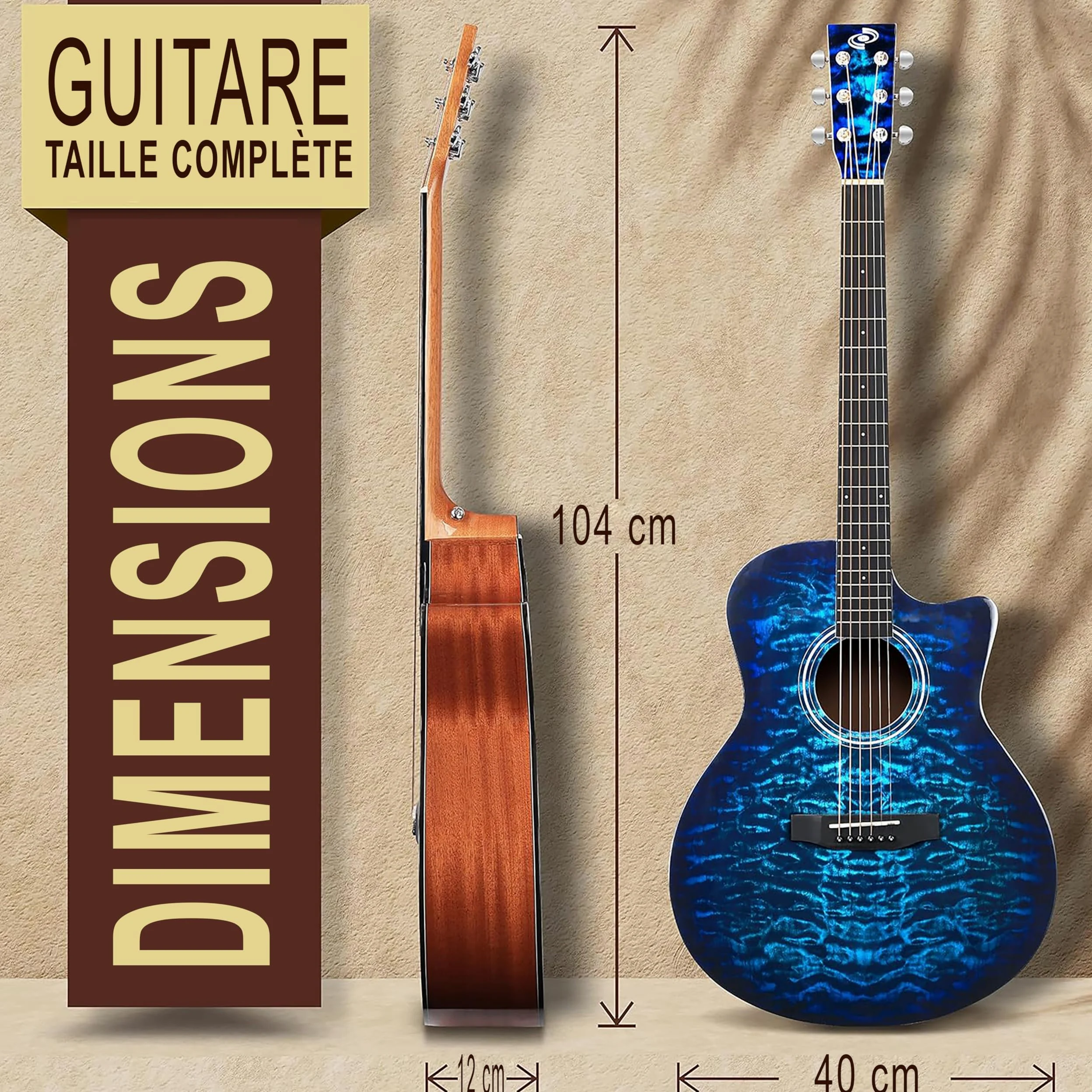 Pyle Blue Ocean Ripple est une guitare acoustique à cordes en acier, dotée d'une table en épicéa massif et d'une finition brillante.Elle est de taille complète et comprend un kit d'accessoires complet
