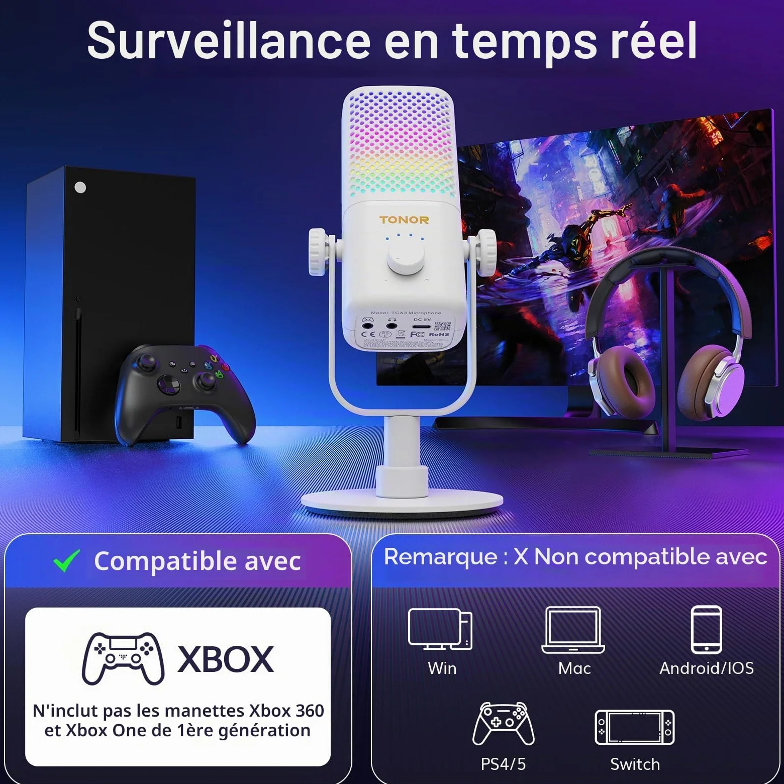 TONOR Micro Gaming Compatible avec Xbox, Microphone de Streaming à Condensateur RGB avec Autonomie de Batterie de 30 Heures, Coupure du Son en Un Clic, Compatible avec Xbox, Blanc, 200cm,TCX3