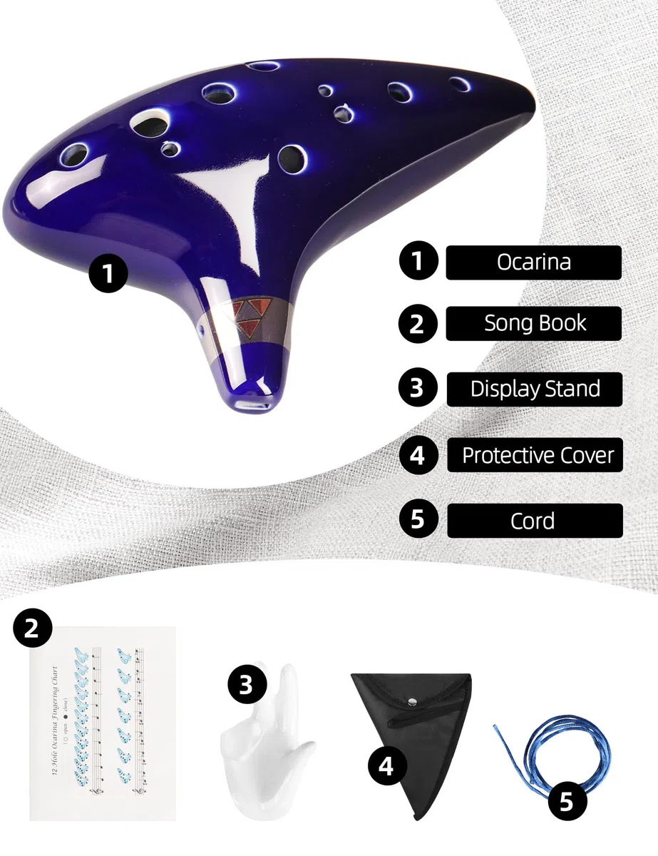 Mr.Power Ocarina Alto Do 12 trous en céramique bleue avec sac et livre de chansons, compatible avec les débutants, les fans de Zelda, les instruments de musique