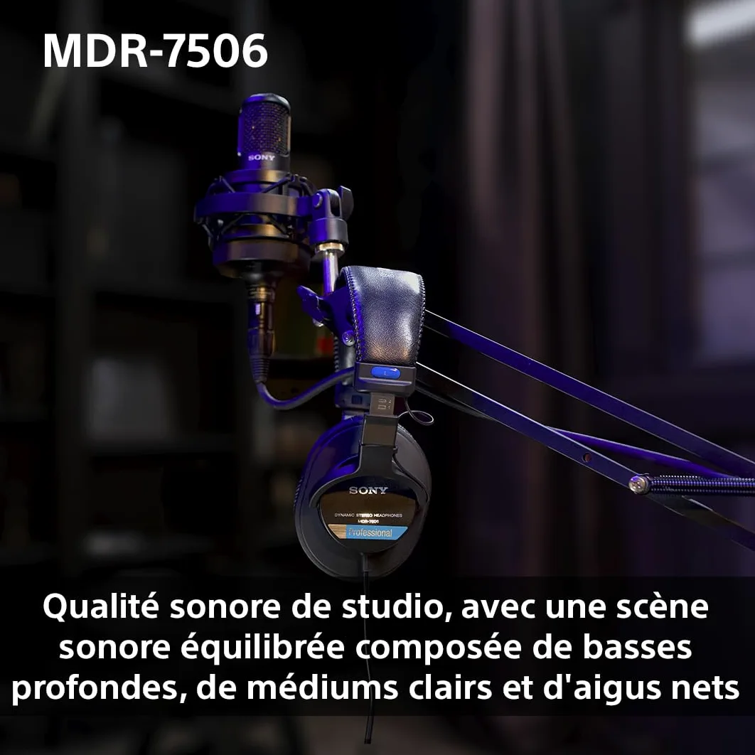 Sony MDR-7506, casque d'écoute studio fermé - filaire, gamme de fréquences 10Hz à 20kHz, idéal pour l'enregistrement et le mixage en studio, 63 Ohm, design léger et pliable (227g), noir