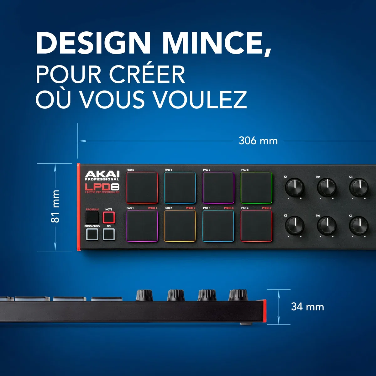 Akai Professional LPD8 - Contrôleur MIDI USB avec Huit Drum Pads MPC Réactifs pour Mac et PC, Huit Molettes Assignables et Logiciel de Production