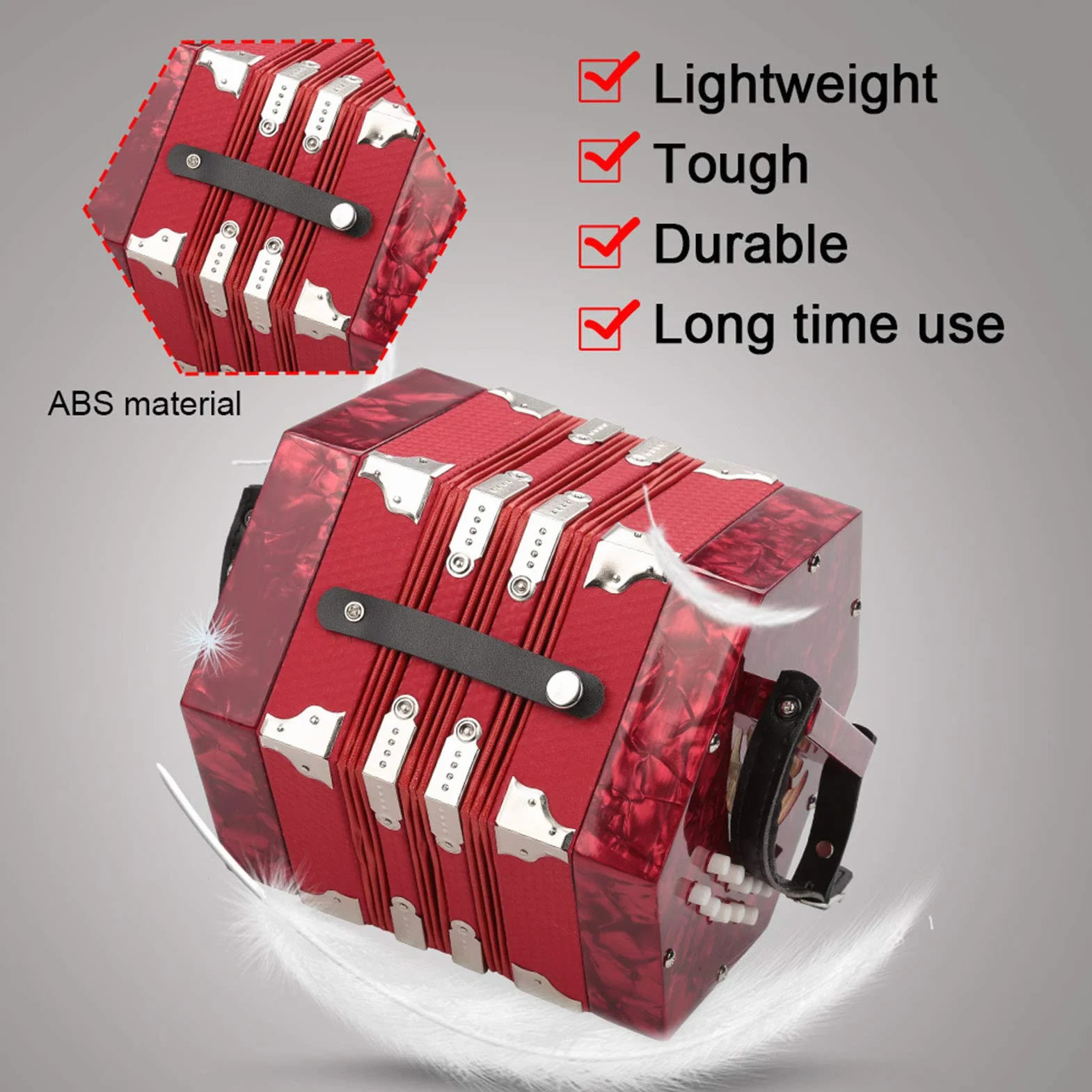Accordéon à 20 Boutons en ABS Léger et Durable pour Enfants et Adultes avec Sangles Réglables et Sac Accessoire D'instrument de Musique pour Débutants (Rouge)