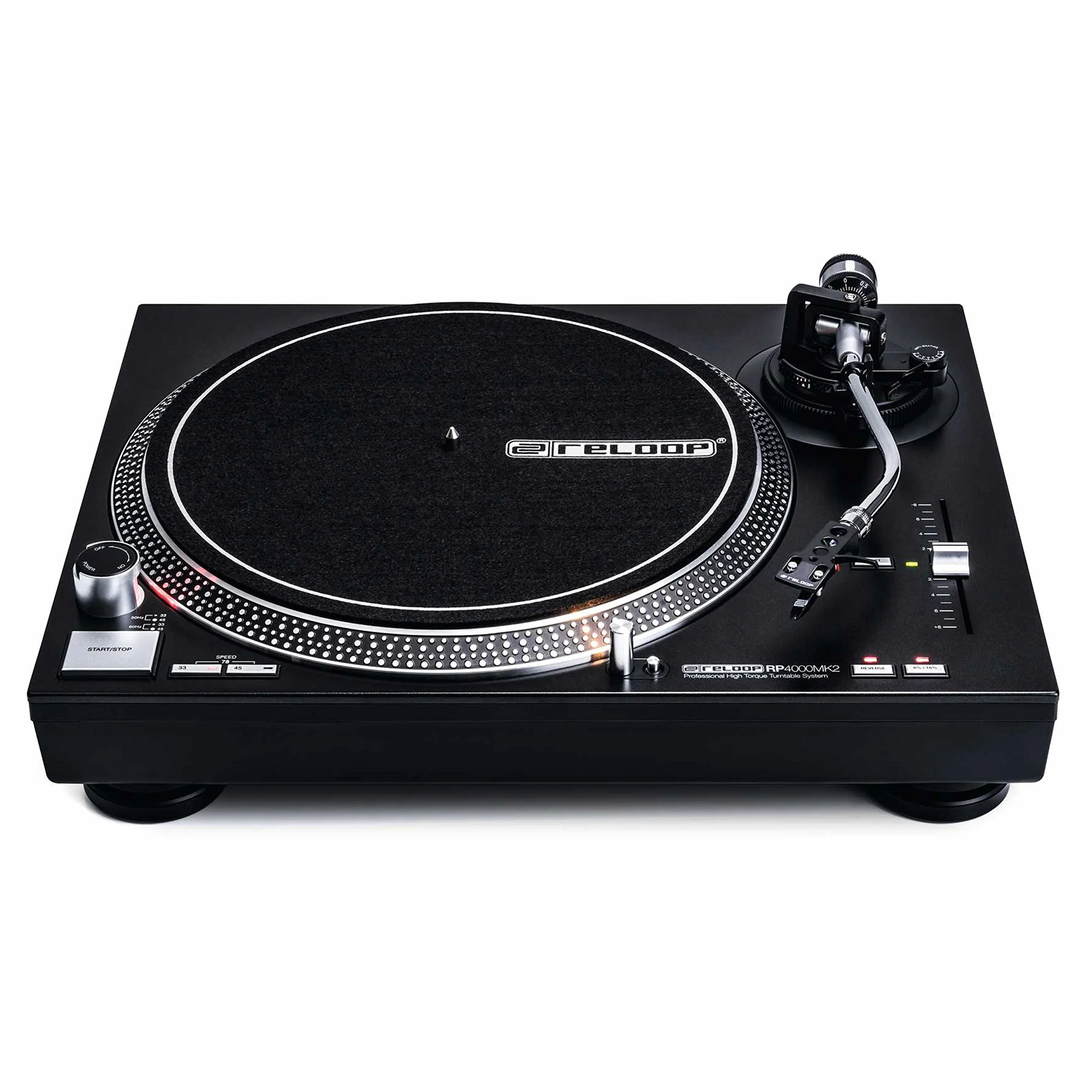 Reloop AMS-RP-4000 MK2 - Platine DJ à Quartz avec entraînement Direct à Couple élevé, Plateau Inclus, système de Captation Om Black, Coquille de tête, Tapis de Glissement et contrepoids, Noir