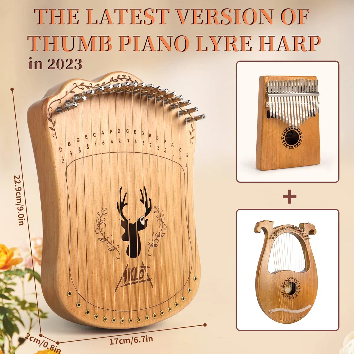 Lyre Harp, AKLOT harpe lyre 17 cordes métalliques lye harp thumb piano avec clé d'accord jeu de cordes de rechange sac de transport noir