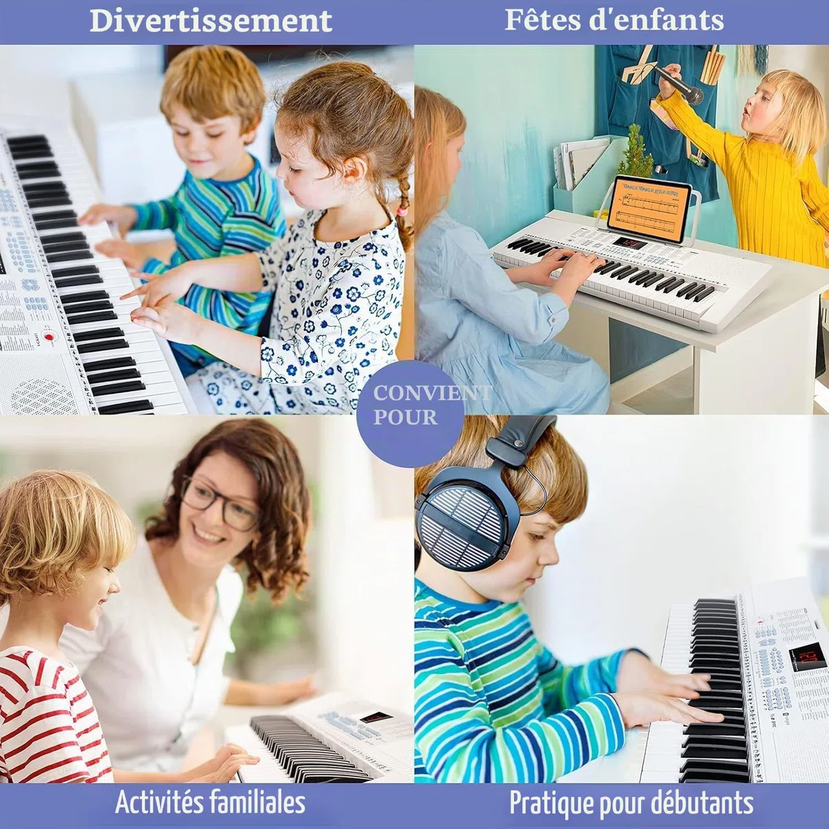Vangoa Clavier de Piano 61 Lumineuses Mini touches Clavier électronique Piano avec microphone, 3 modes d'enseignement, 350 sons, 350 rythmes, 30 démos, Blanc