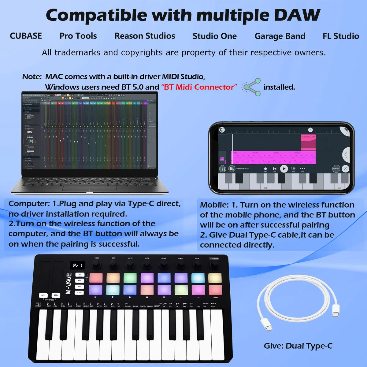 M-VAVE 25 touches 16 pads de batterie rétroéclairés Clavier MIDI - Beat maker professionnel et Keytar pour la production musicale au clavier Batterie intégrée Wireless Connect, MIDI 16 PADS, Noir