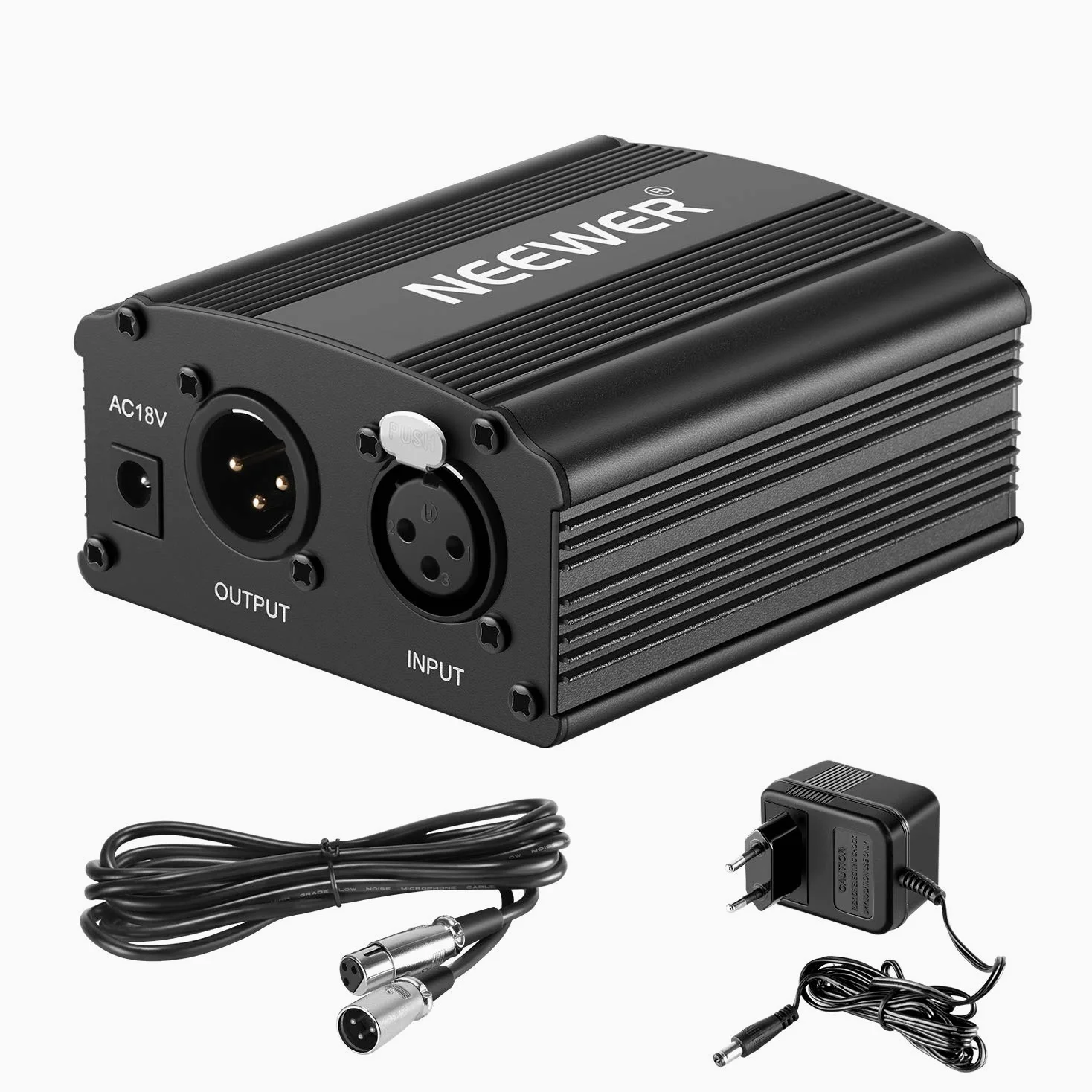 Neewer 1- Canal 48V Alimentation Fantôme Noir avec Adaptateur et un XLR Câble Audio pour Tous Microphones à Condensateur Musique Dispositifs d'Enregistrement