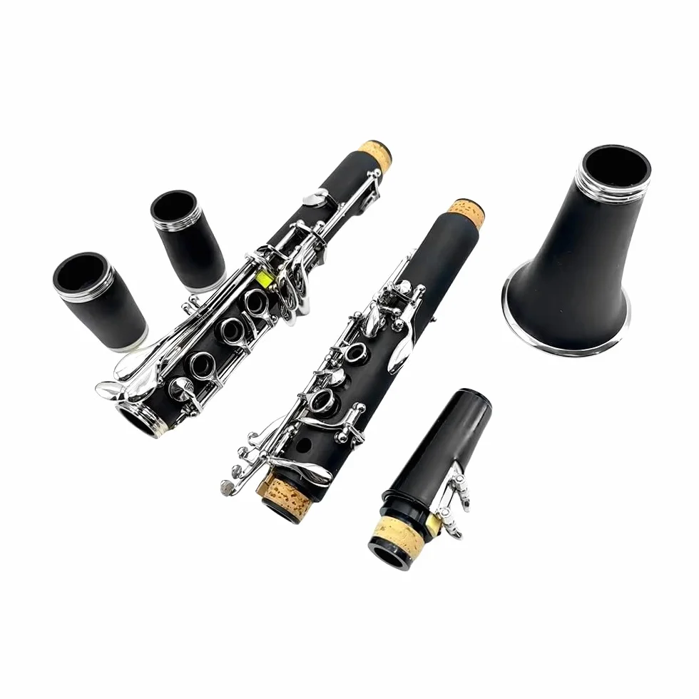Clarinette en si bémol pour étudiant en bois d'ébonite si bémol 17 touches nickelé pour débutant avec 2 barils avec chiffon de nettoyage gants Noir Orchestre Instrument de musique