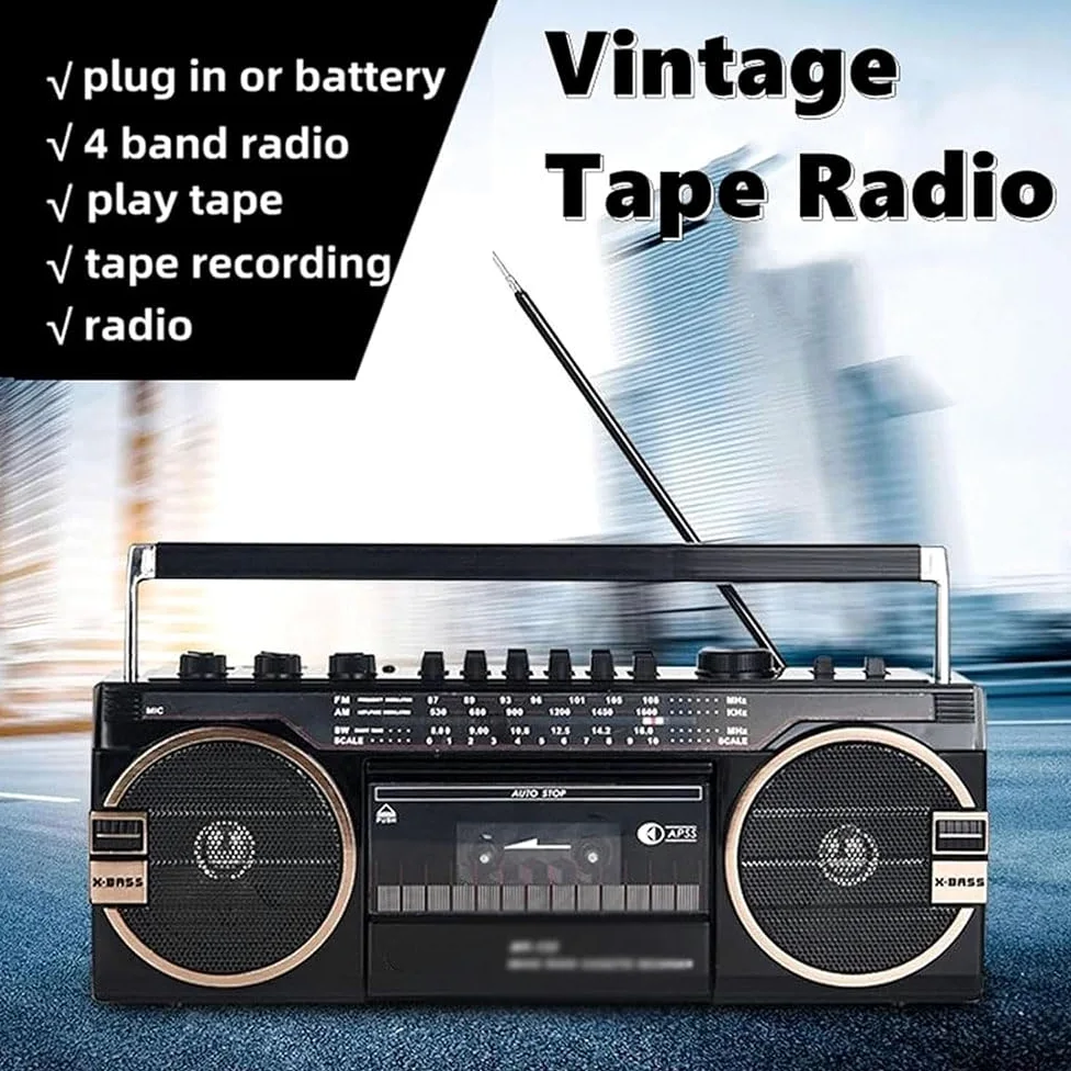 Boombox Bluetooth portable lecteur CD cassette avec connectivité Bluetooth, carte SD/TF/USB/casque de lecture, design vintage pour les réunions de famille et les voyages