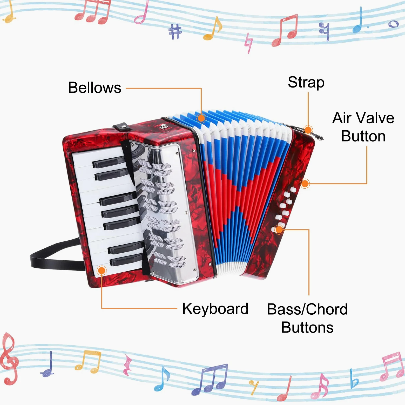 sourcing map Accordéon, 17 touches, 8 boutons de basse, mini instrument de musique léger pour enfants, débutants, éducatif, rouge