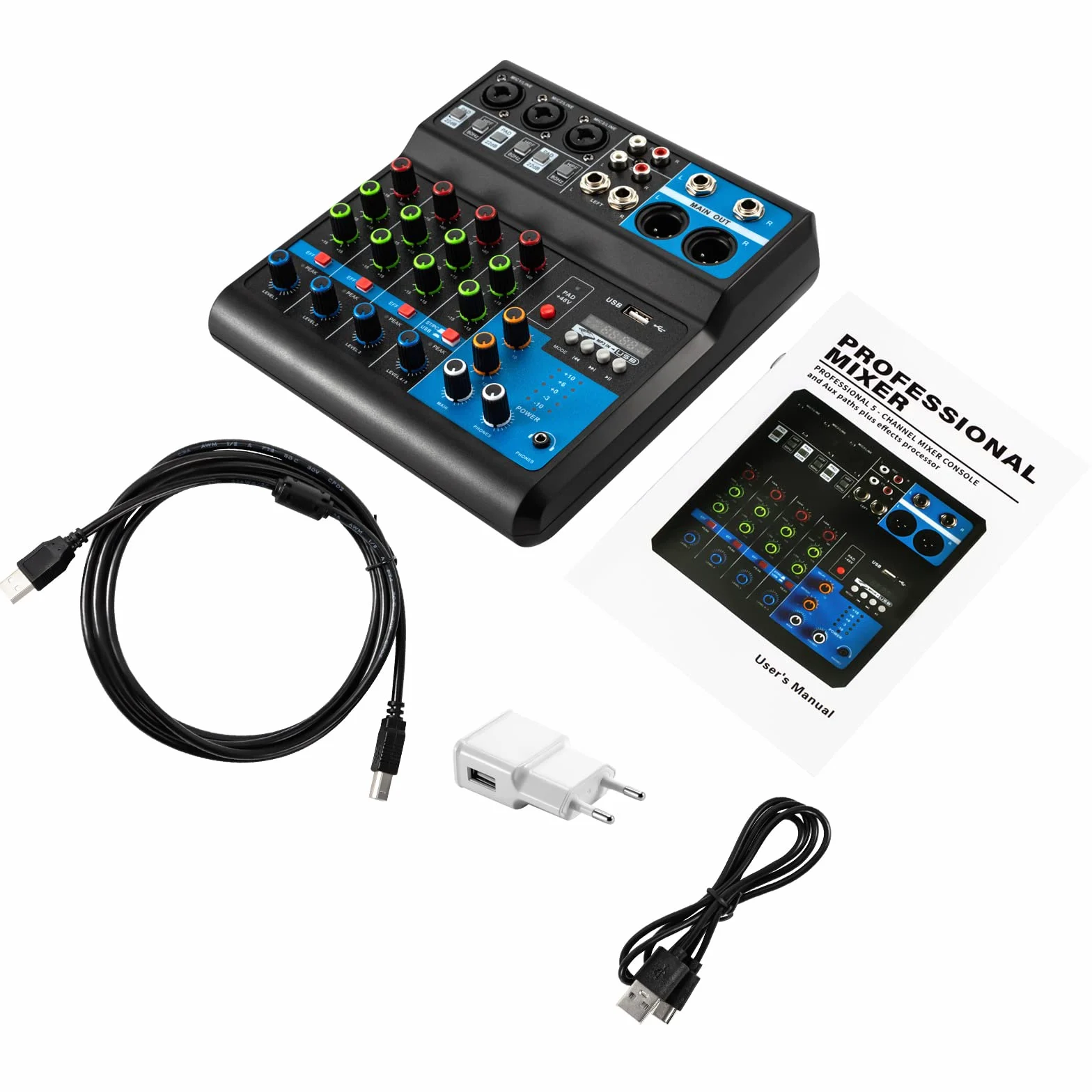 Table de mixage 5 canaux - Table de mixage DJ - Mixeur audio - Enregistreur et entrée micro USB - Port USB - Pour microphones, guitares, basses, claviers, mixeurs, instruments, etc