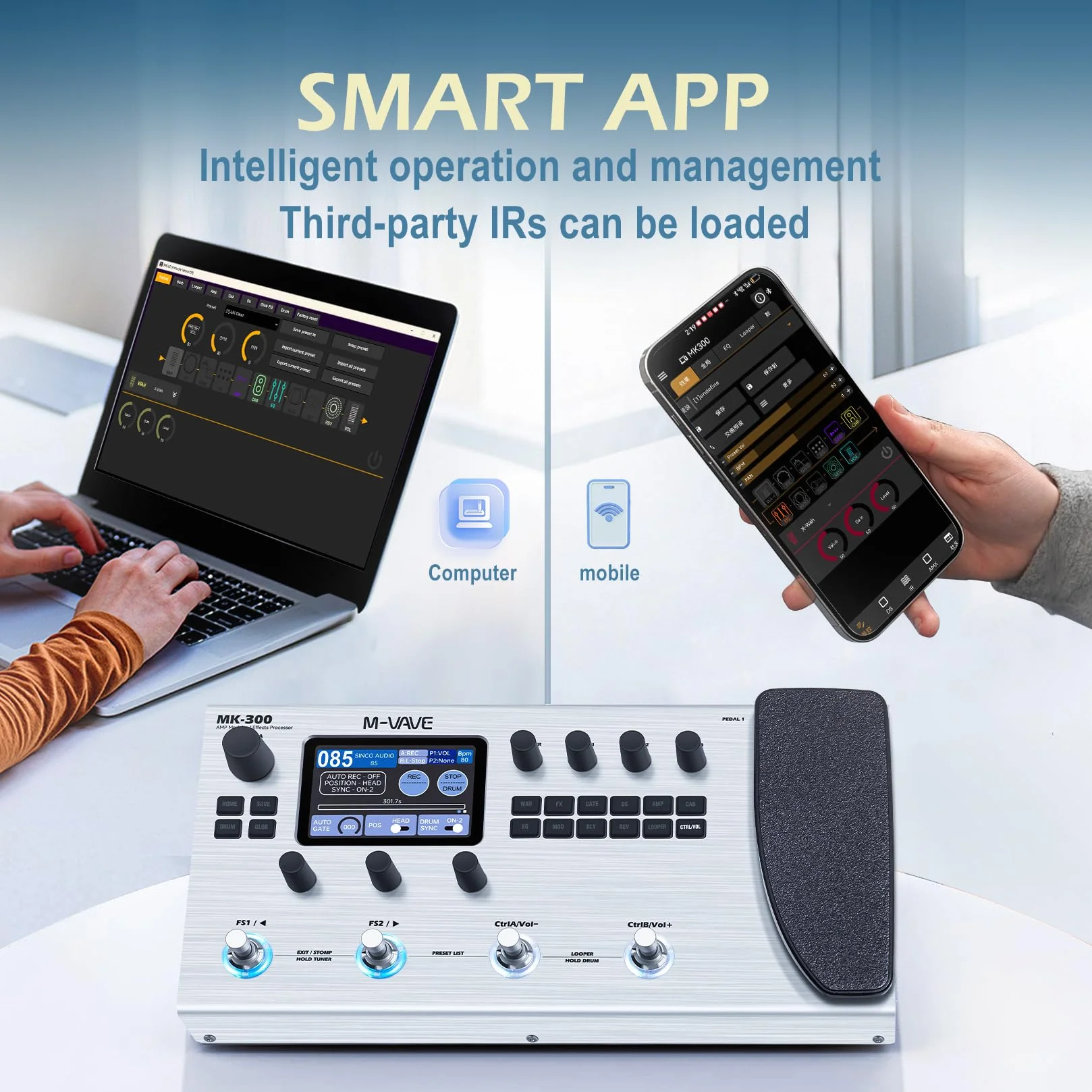 M-Vave MK-300 - Processeur multi-effets pour guitare et basse, 11 modules, plus de 320 effets, 120 amplis, chargeur IR, looper, boîte à rythmes, carte son BT et USB