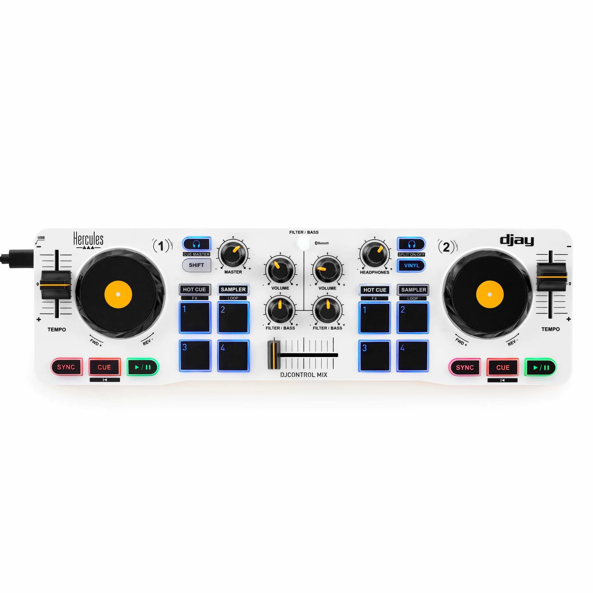 Hercules DJControl Mix – Contrôleur DJ Bluetooth sans fil pour Smartphones (iOS/Android) – Inclus Application djay, Support Mobile et Câble Splitter Audio – Ultra-compact & Portable – Blanc