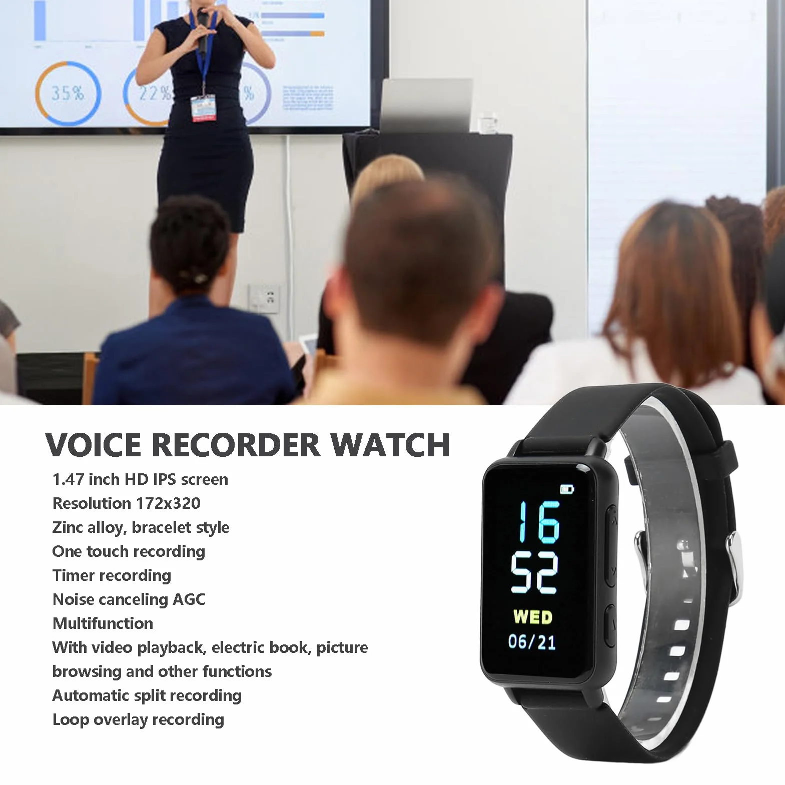 Montre Enregistreur Vocal, Enregistreur activé par la Voix avec 50 Heures de Temps D'enregistrement Continu, Enregistreur MP3 avec Appareil Audio D'enregistrement de (64g)
