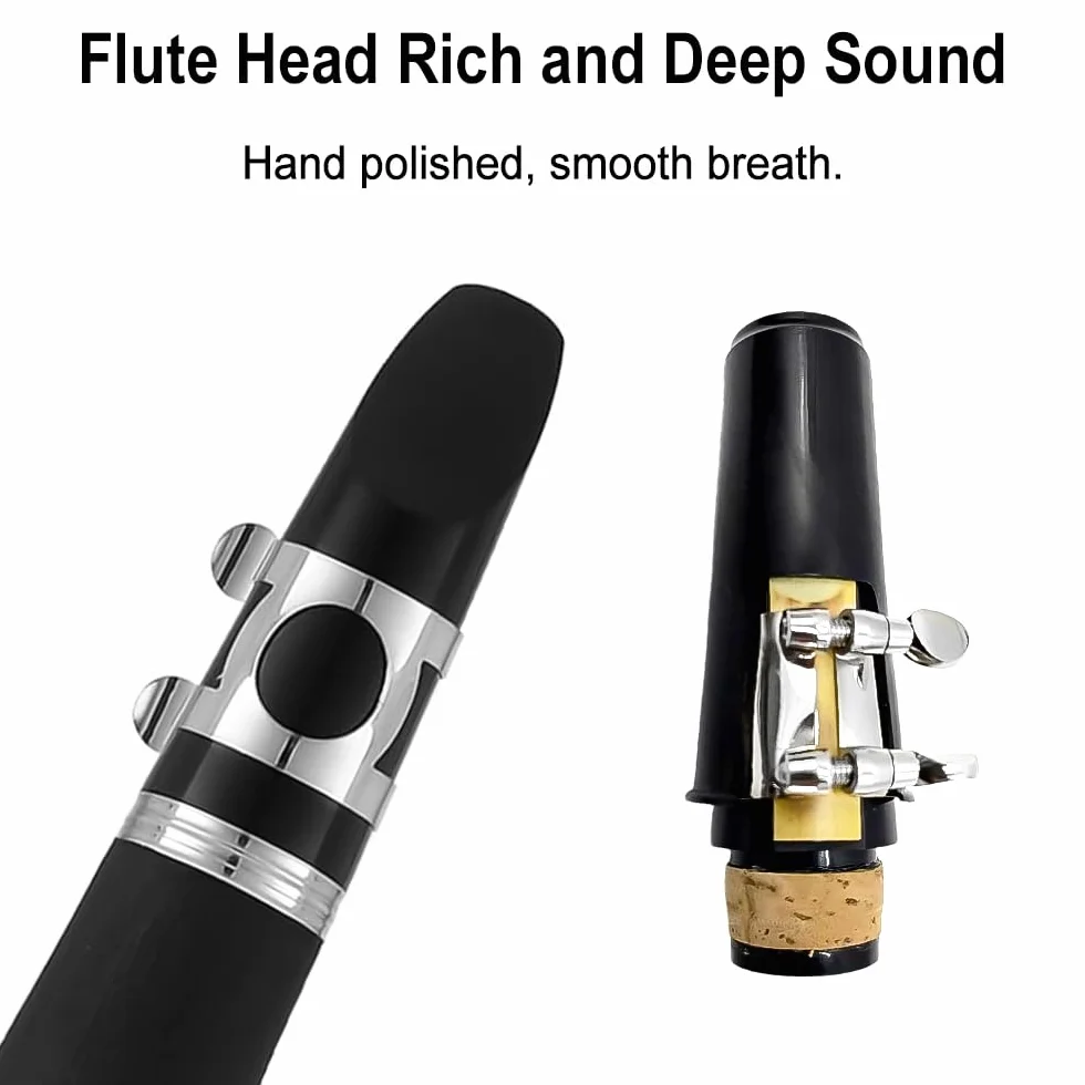 Clarinette en si bémol pour étudiant en bois d'ébonite si bémol 17 touches nickelé pour débutant avec 2 barils avec chiffon de nettoyage gants Noir Orchestre Instrument de musique
