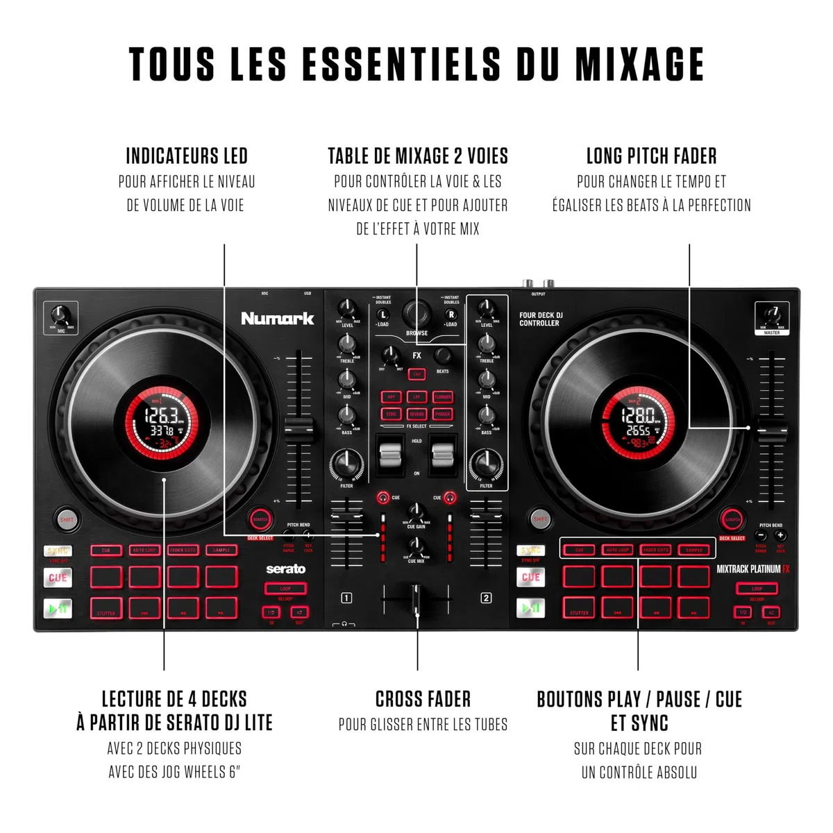Numark Mixtrack Platinum FX - Contrôleur DJ 4 decks, table de mixage, carte son intégrée, platines DJ tactiles avec écran et large palette d'effets