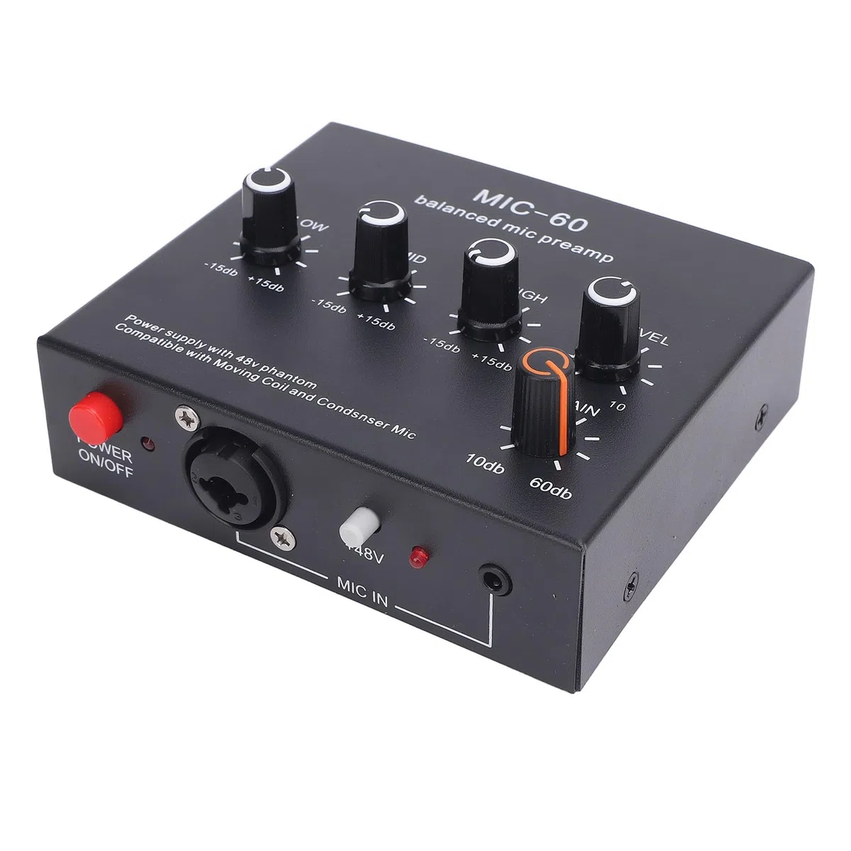 Préampli de Microphone équilibré, 10-60 DB Microphones Booster Mic Pre Amplificateur pour Enregistrer Le Streaming en Direct du Studio avec des Sorties D'entrées de 48 V XLR