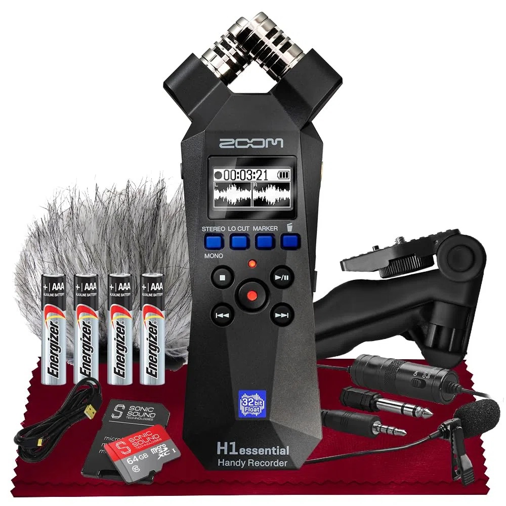 Zoom H1essential Enregistreur stéréo pratique, enregistreur audio portable H1 Essential (H1E) flottant 32 bits, microphone USB et X/Y, SD 64 Go, trépied, micro à condensateur, manchon de micro et plus