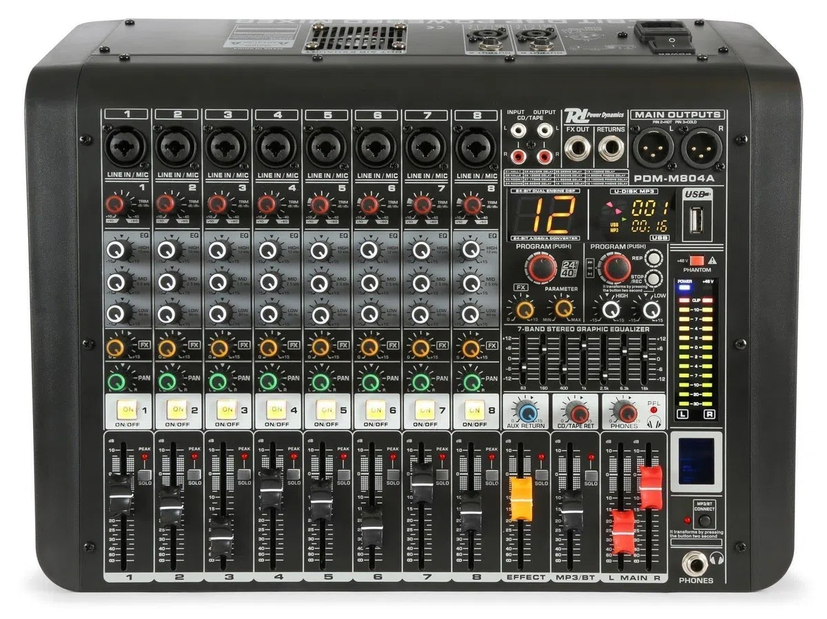Power Dynamics PDM-M804A Table de Mixage Amplifiée 8 Canaux, Console DJ Professionnelle, Sonorisation Pro, DSP 24 bits, 16 Effets, USB MP3 Bluetooth, Egalisateur 7 Bandes, Micro/Casque, Ampli 2x220W