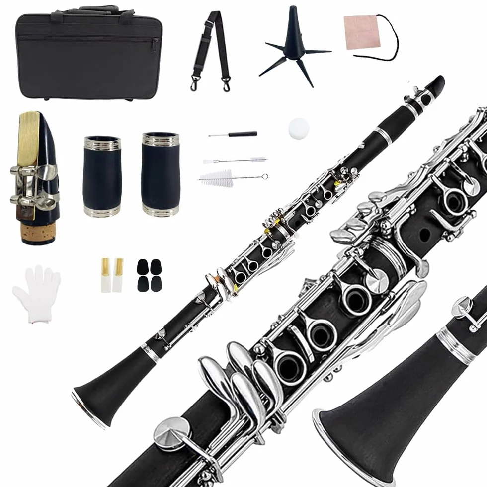 Yinfente Clarinette en Si Bémol pour Débutants et Étudiants, Noir, Ébonite, avec Étui de Clarinette, Kit de Nettoyage, Pie-Bouche, Graisse de Liège, 17 Touches, Standard