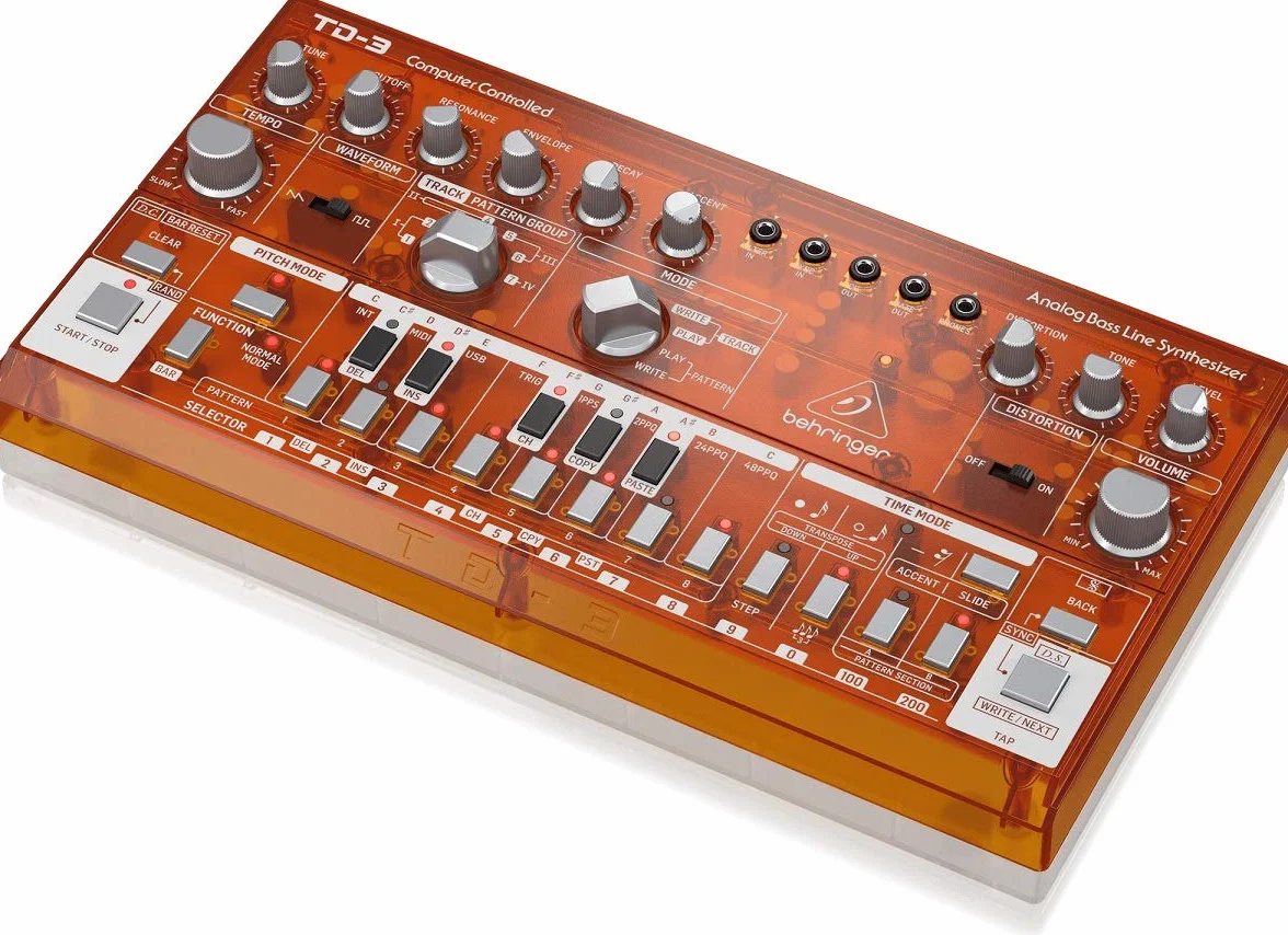 Behringer TD-3-TG Synthétiseur de ligne de basse analogique avec VCO, VCF, séquenceur 16 pas, effets de distorsion et chaîne poly 16 voix, compatible PC et Mac
