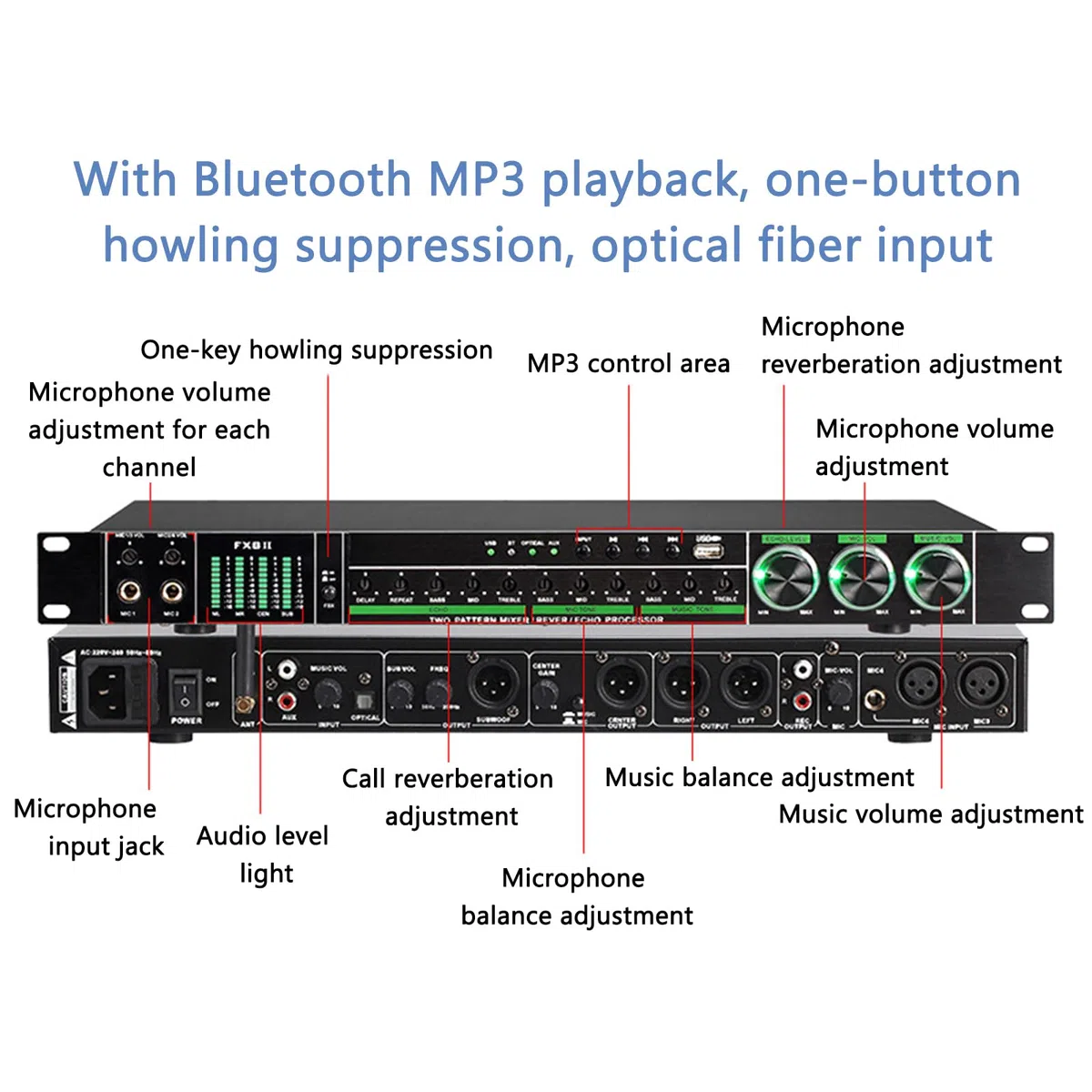 GZPKJ Processeur D'effets Vocaux, Processeur Audio Anti-hurlement Professionnel, Méthodes De Transmission Audio Multiples, Affichage LED, pour Réverbérateur Domestique, Karaoké, Scène, Église