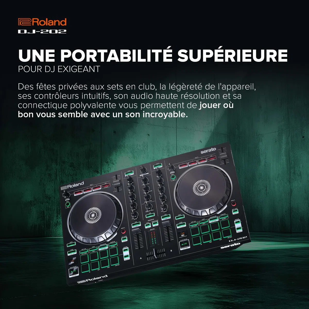 Roland DJ-202 | Contrôleur DJ compact | Contrôleur à 2 canaux et 4 decks pour Serato DJ Lite | De larges platines à faible latence | Les sons de batterie iconiques Roland | Compatible avec Spotify