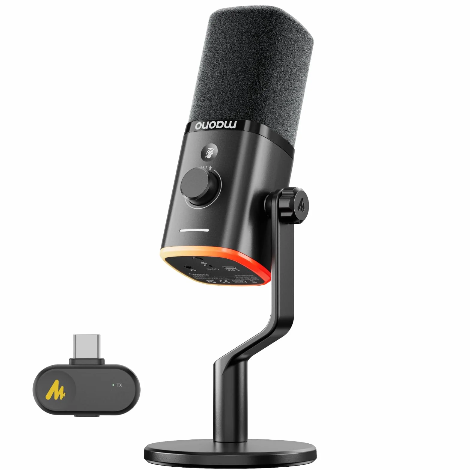 MAONO PD100W Microphone sans Fil/USB, Micro Gaming PC Dynamique avec Réduction de Bruit en Un Clic, Bouton Mute, RGB & Logiciel Dédié. Idéal pour Le Streaming, Le Enregistrement & l’Podcast. Noir