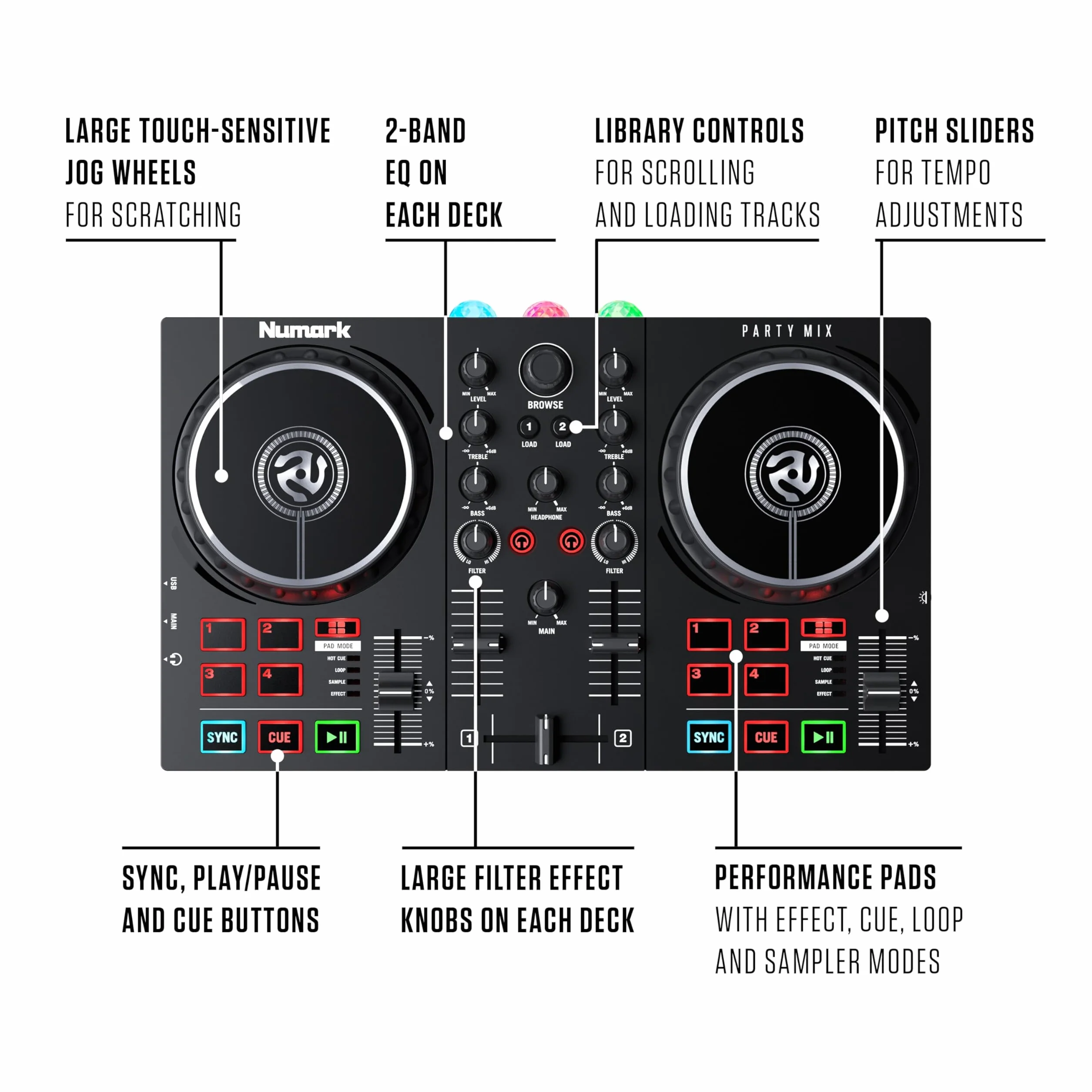Numark Party Mix II Platine DJ avec Lumières LED, Carte Son et Table de Mixage, avec Serato DJ Lite pour Mac et Win OS
