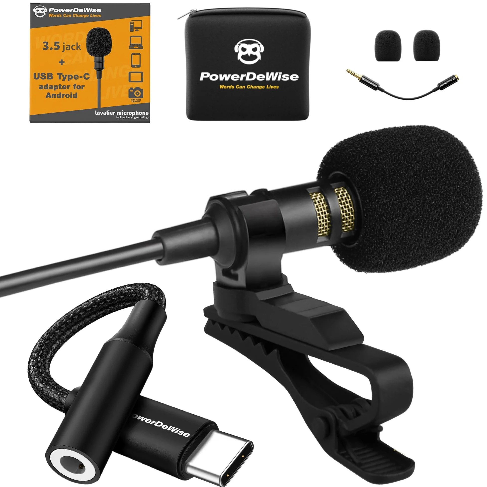 PowerDeWise Microphone Cravate 2024 de Type C amélioré avec Adaptateur – Microphone omnidirectionnel USB C Lav pour iPhone 15 Pro, Android, PC, Mac, enregistreurs – Interview Youtube Vlogging