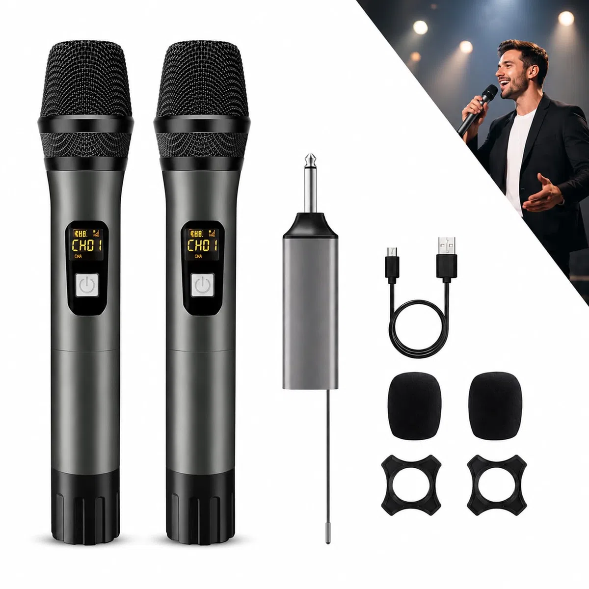 Microphone sans fil, système de microphone sans fil UHF avec deux microphones à main sans fil et récepteur rechargeable, portée de 200 m, pour systèmes de sonorisation, karaoké, DJ, chant, conférence